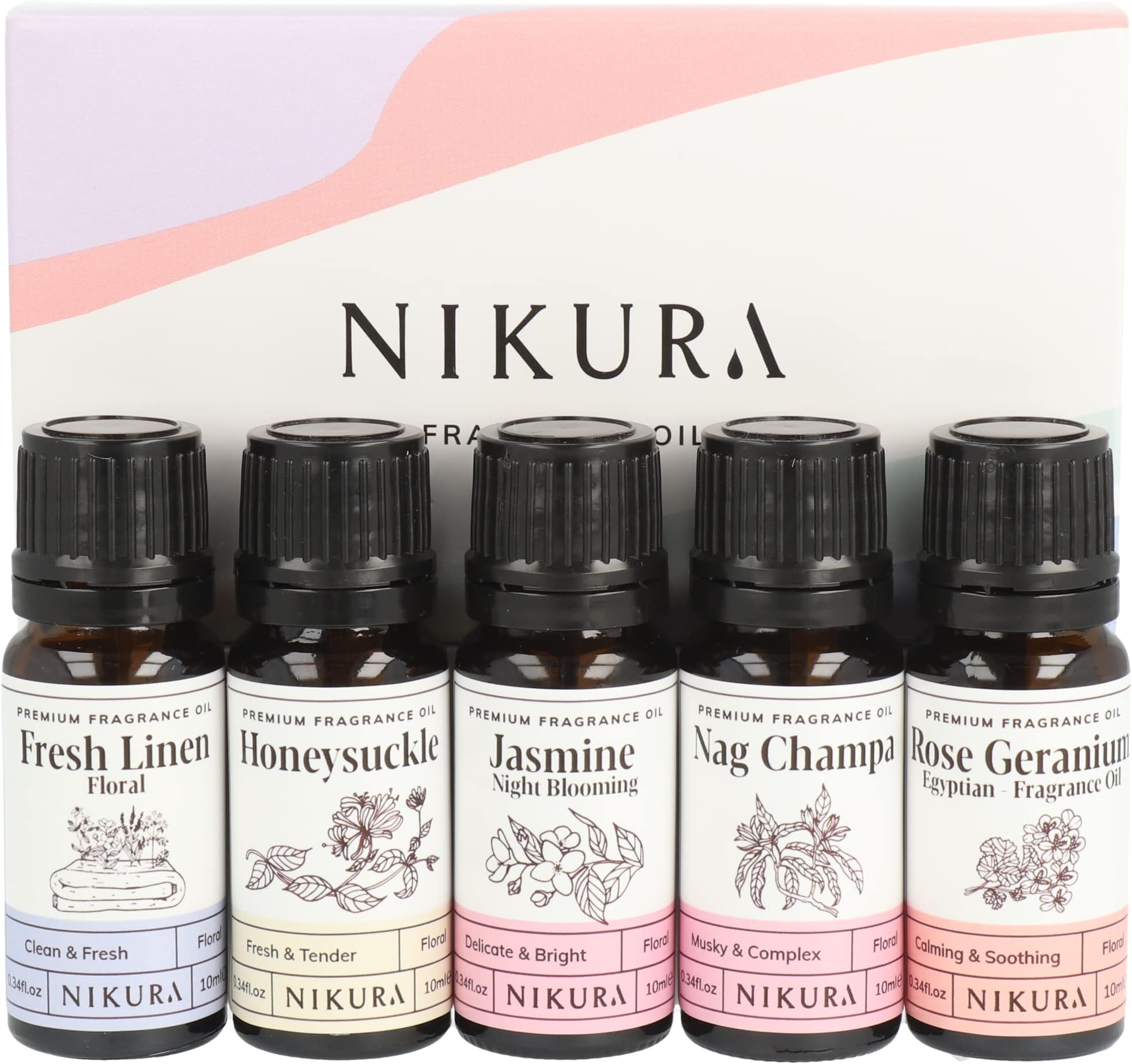 Nikura Floral Meadows Fragrance Oil Gift Set - 5 x 10ml | Perfect for Soap Making, Candle Making, Wax Melts, Diffuser, Burner | Great for use in Bath Bombs, Perfume Oil, Perfumery | Vegan & UK Made