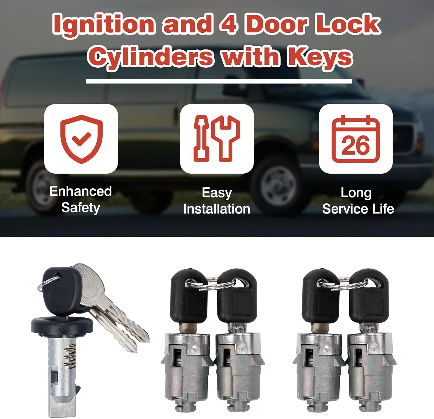 Ignition and 4 Door Lock Cylinders with Keys Compatible with Chevy Express 1500 2500 3500 Cargo Pasajeros 2010-2014, GMC Savana 1500 2500 3500 4500 2010-2014 Replace# 709271 7001592 692931