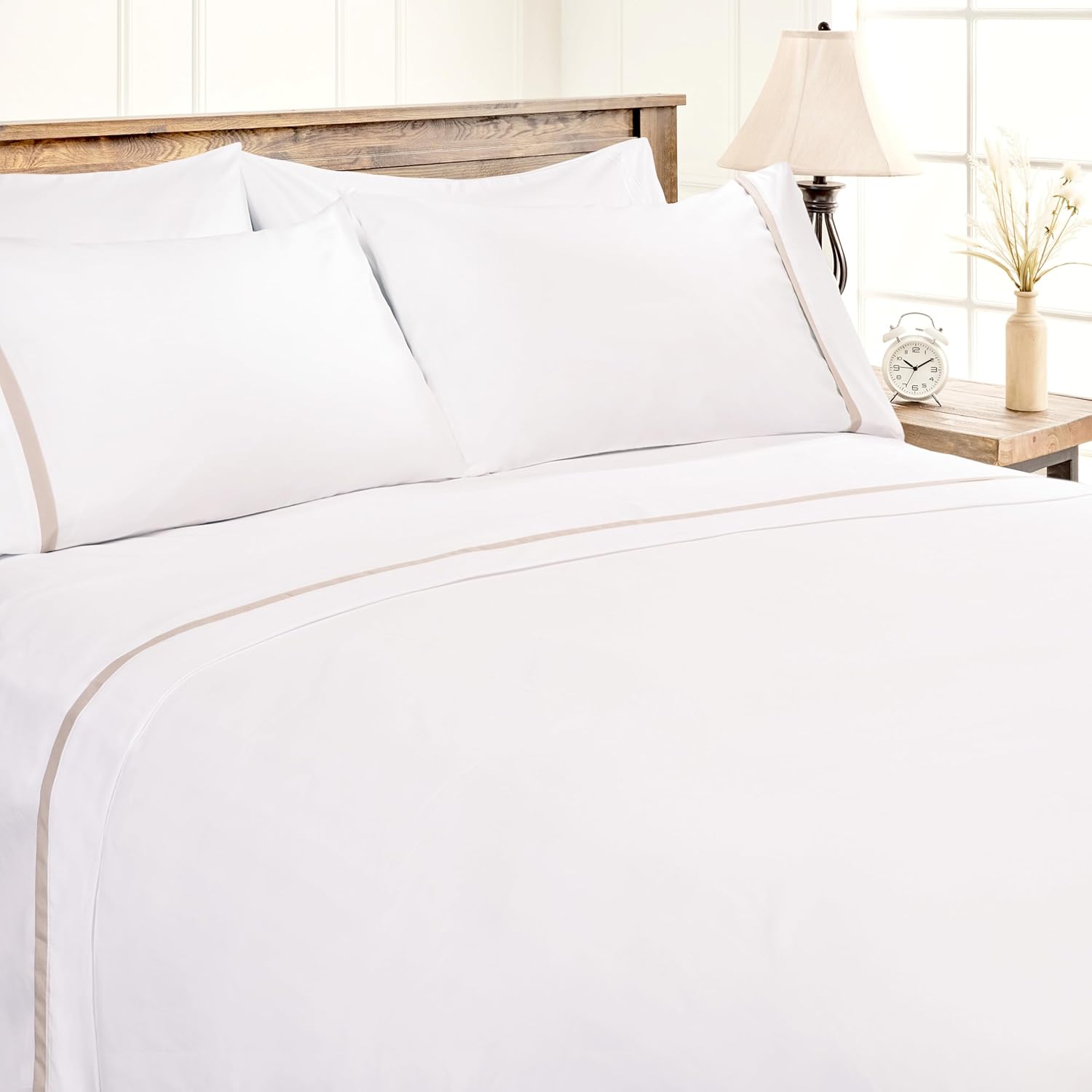 Chanasya Premium Ribbon Embroidered Sheet Set - Double Brushed Modern Traditional Microfiber Sheet Set - Fitted Sheet, Flat Sheet & 2 Pillow Covers - 4-Piece Set - Beige, King Size