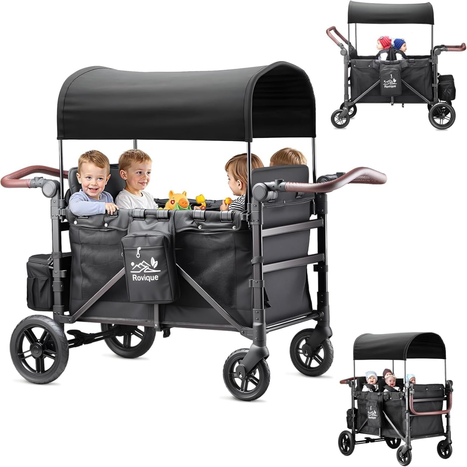 Bollerwagen faltbar mit Dach 4 Kinder,Handwagen faltbar Kinderwagen Baby Bollerwagen mit Dach,abnehmbarem Tablett,5-Punkt-Gurt,verstellbarem Griff,hohem Sitz und großem Stauraum, Schwarz