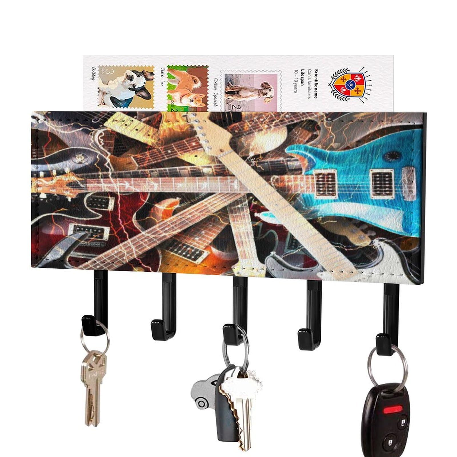 NCLQVJXZKHW Electric Guitar with Thunder Key Holder with 5 Hooks Key Hooks Wall Mounted Key Racks Key Hanger Organiser Shelf