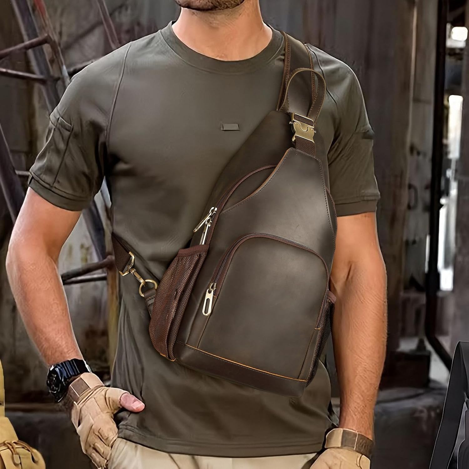 Polare Full Grain Cowhide Anti Theft Chest Shoulder Bag Vintage Sling Crossbody Casual Daypack for Daily Travel Hiking Outdoor Sports - Image 2