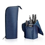 Pencil Case Pouch, Neo Critz Standing Pen Pouch Bag, Foldable Stand up Pencil Holder Organizer, Small Portable Pencil Box for School Office Supplies, Dot Navy, Regular Size (F-VBF180-6)
