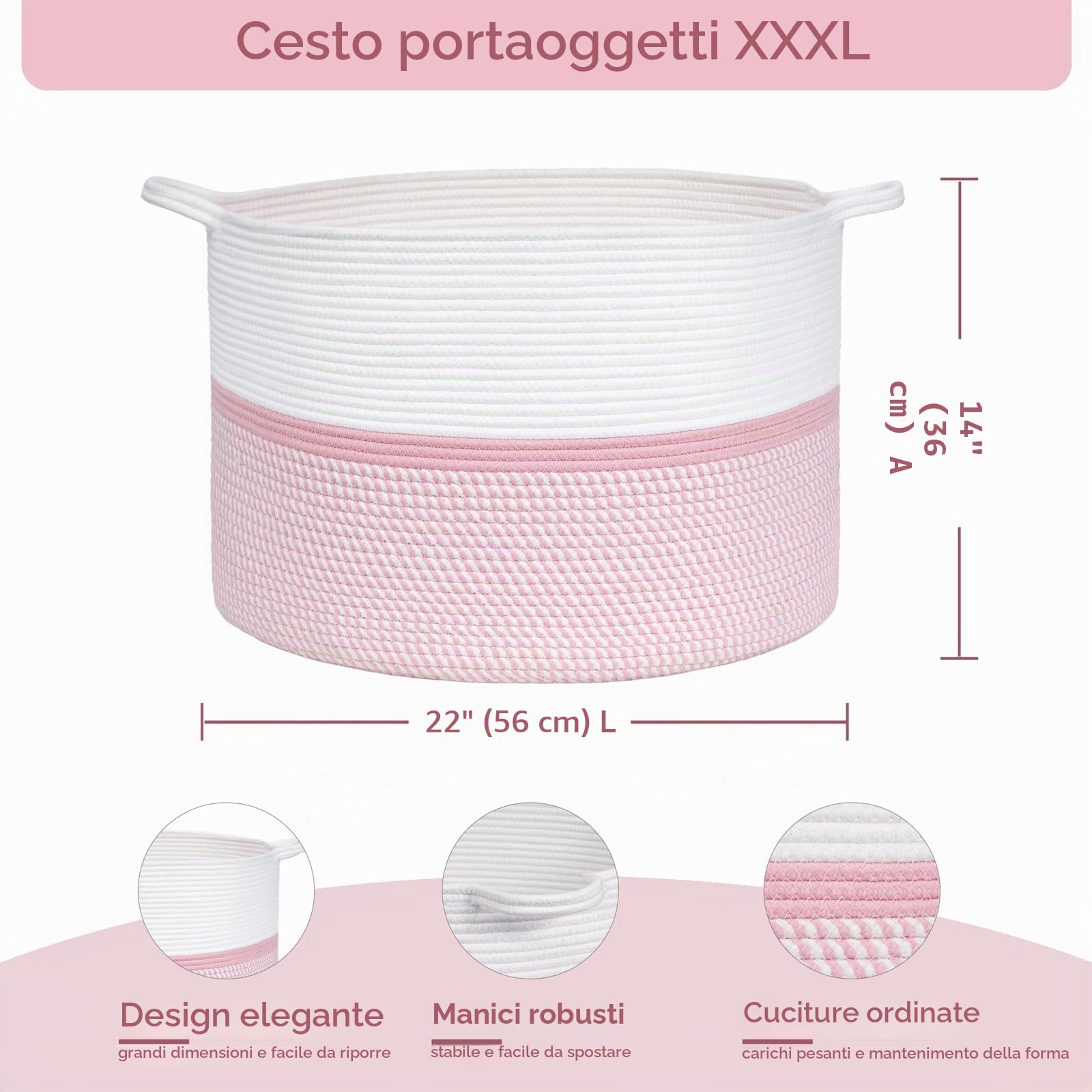 Cesto portaoggetti XXL extra large in corda di cotone intrecciato, con manici, cestino decorativo rosa per vestiti, 55,9 x 55,9 x 35,6 cm