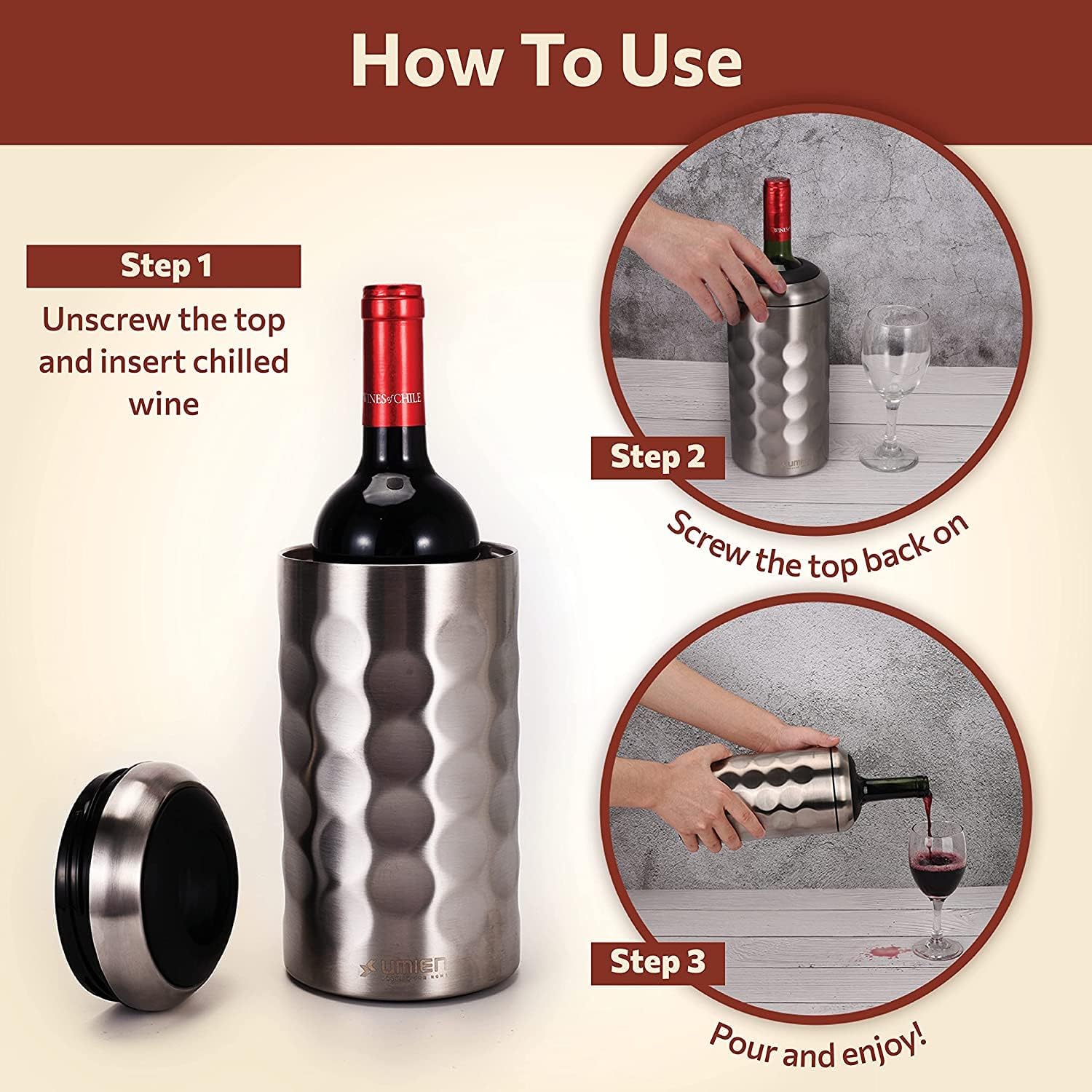 Premium Wine Chiller - 750ml Stainless Steel Bottle Cooler, Double-Walled & Vacuum Insulated - Keeps Wine Cold for 6+ Hours - Perfect Gift for Wine Lovers - Fits Most Champagne Bottles - Image 6