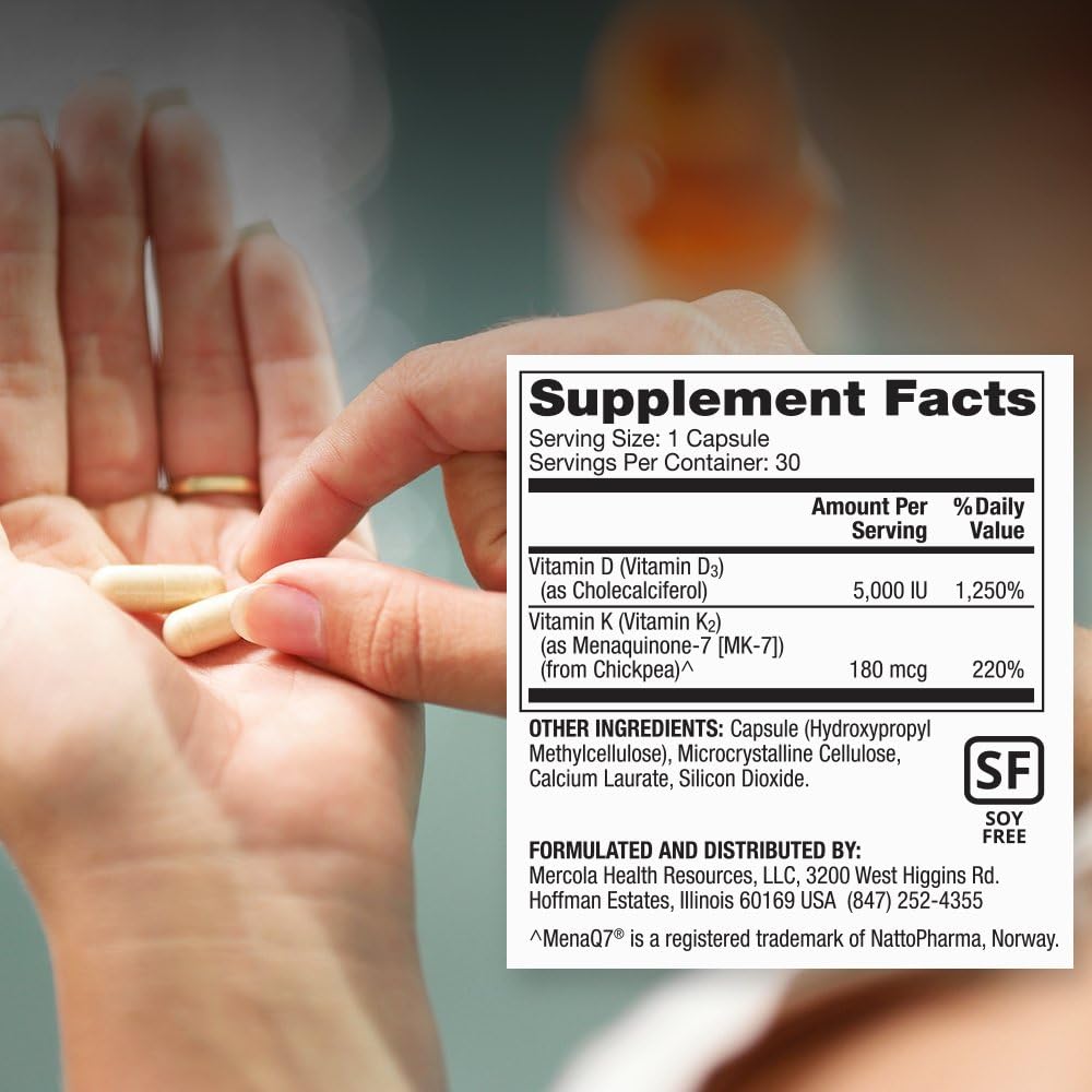 Dr. Mercola Vitamin D3 and K2 Supplement - 2 Bottles - 30 Capsules Each- 5000iu D3 and 180mcg K-2 MK7 - Heart, Bone and Muscle Health - for Men & Women - Vegetarian Capsules - Soy Free