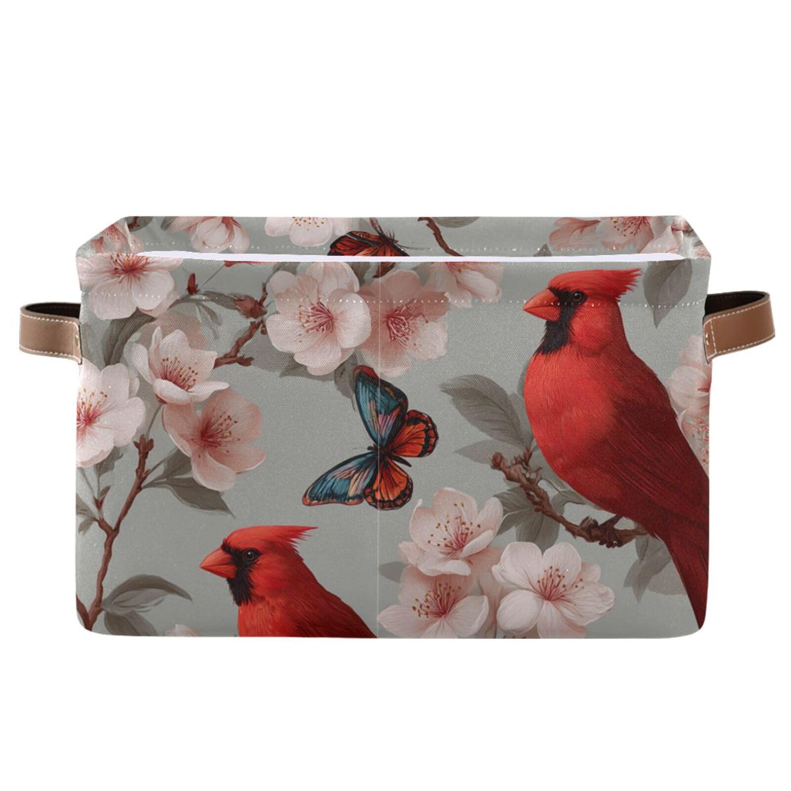 Aslsiy Storage Basket Cardinal Blooming Cherry Nursery Bins Butterfly Baby Box Canvas Clothes Shelf Basket Laundry Hamper Gift Basket for Home Closet 1 Pcs