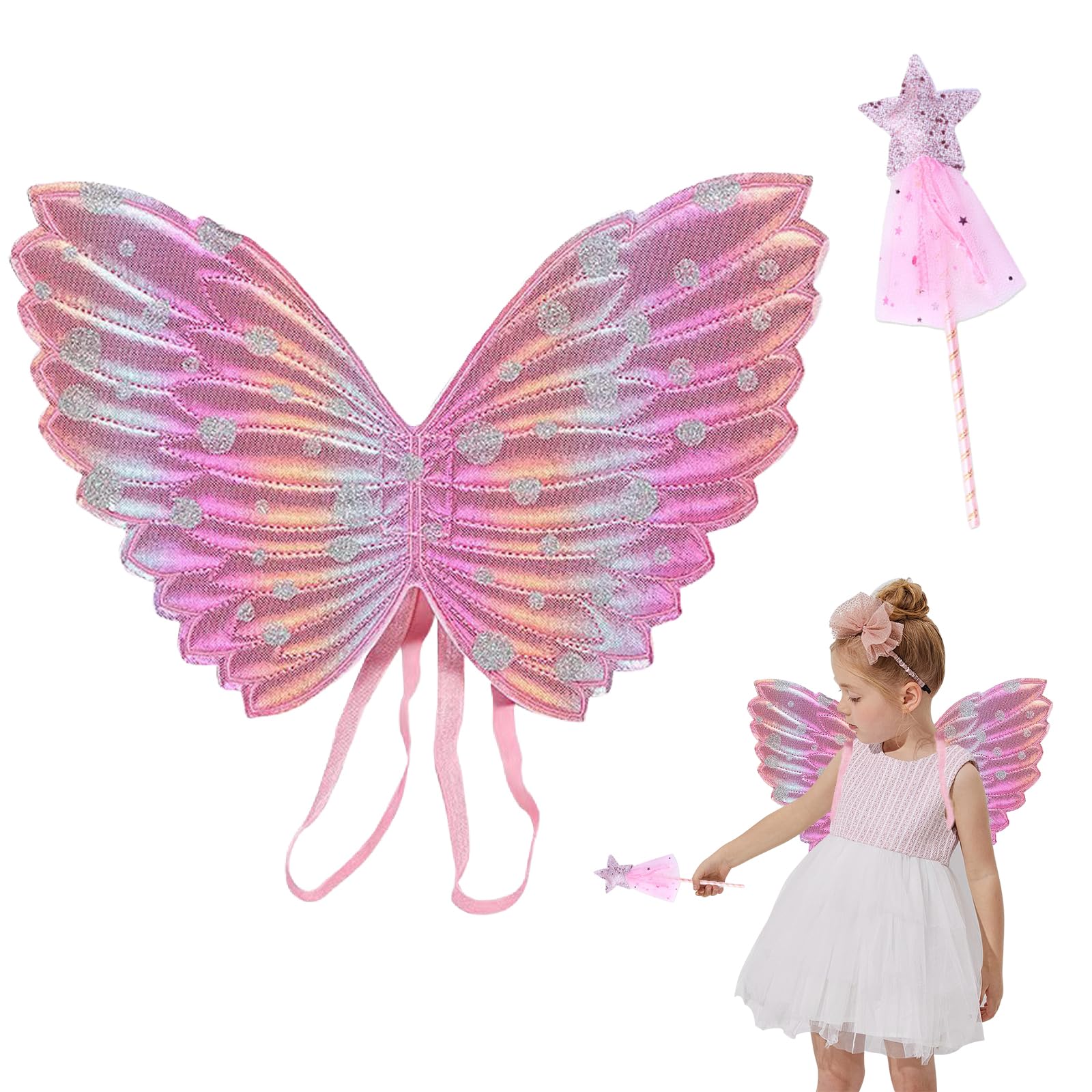 Fairy Wings Set for Girls, Fairy Wings Kid with Fairy Wand, Enchanting Dress-Up Costume for Birthday Parties Halloween and Imaginative Play, Vibrant Butterfly Costume Accessories