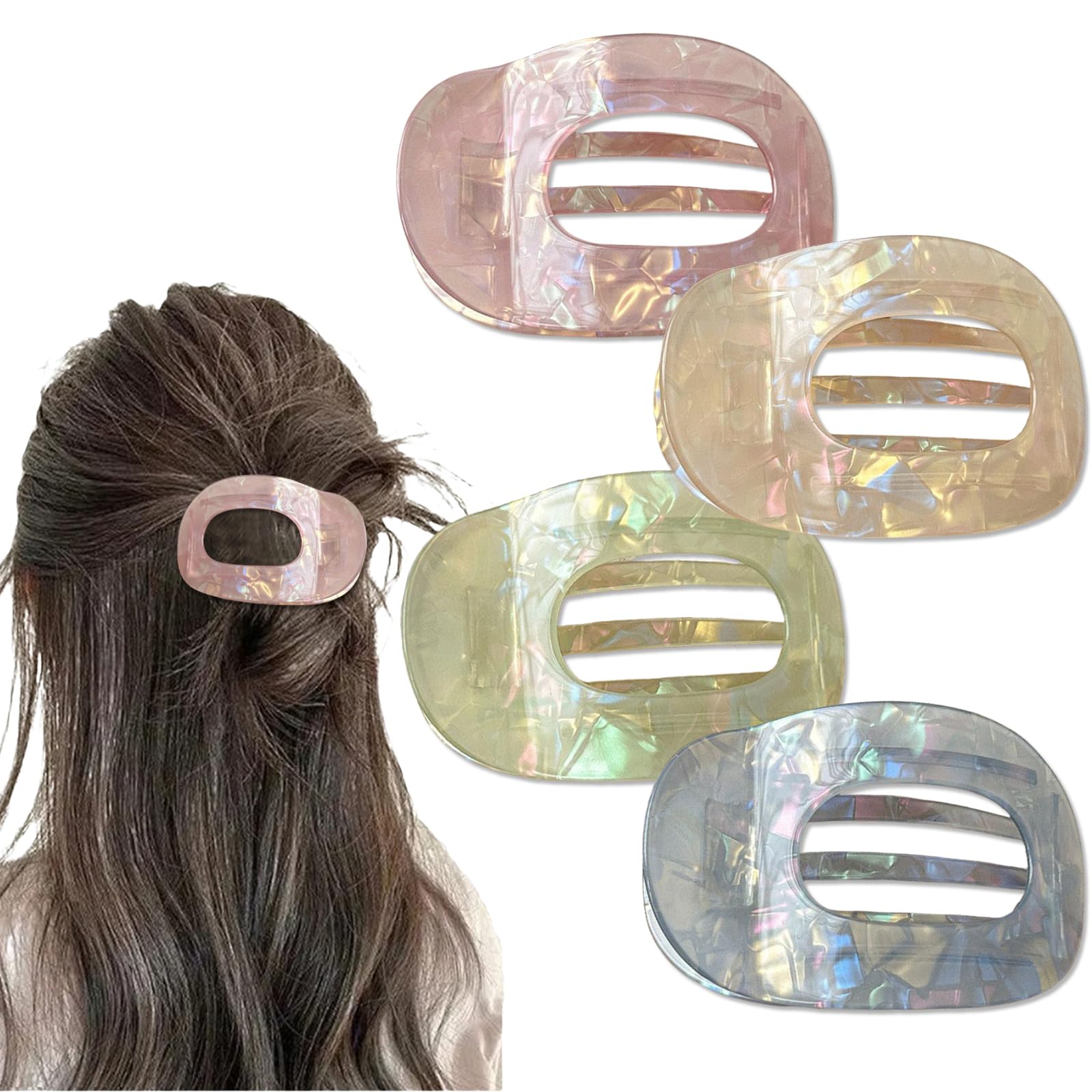 Yeomju Pack of 4 Acetate FlatHair Comfortable Curved Clip for Women's Thick and Thin Hair, Candy Colour, multicoloured