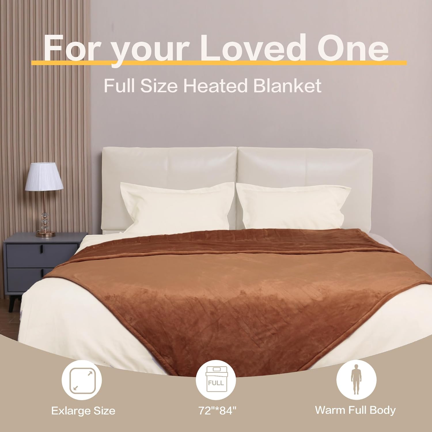 Gintao Electric Heated Blanket Full Size, 72"x84" Double Soft Flannel Electric Blanket with 3 Heating Levels,ETL&FCC Certified,8H Auto Off Heating Blanket&Overheat Protection,Gifts,Brown - Image 6