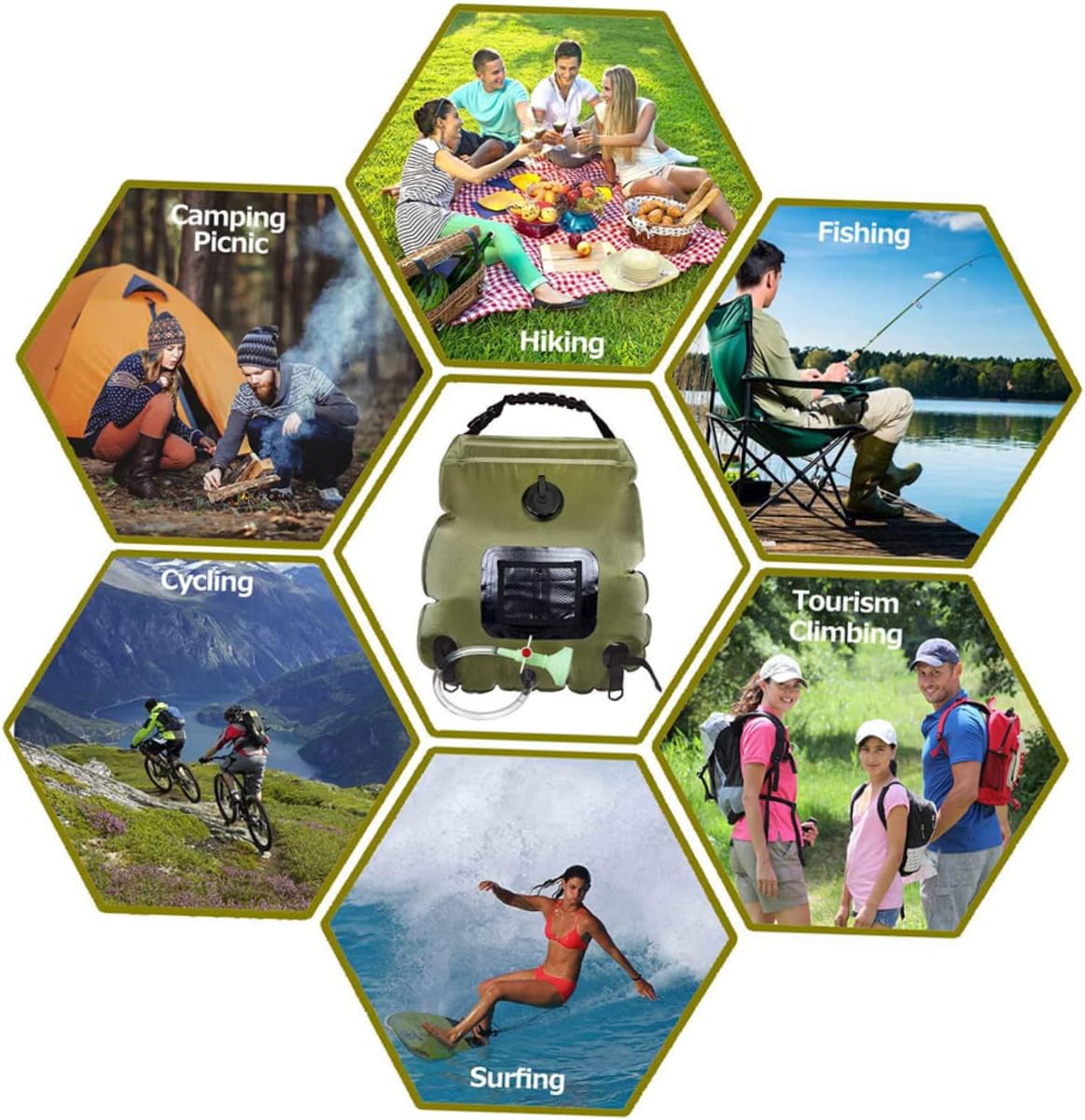 TOYANDONA Solar Camping Shower Bag Portable Outdoor Hiking Shower with Nozzle for Beach Travel Fishing Easy to Use and Store Olive Green