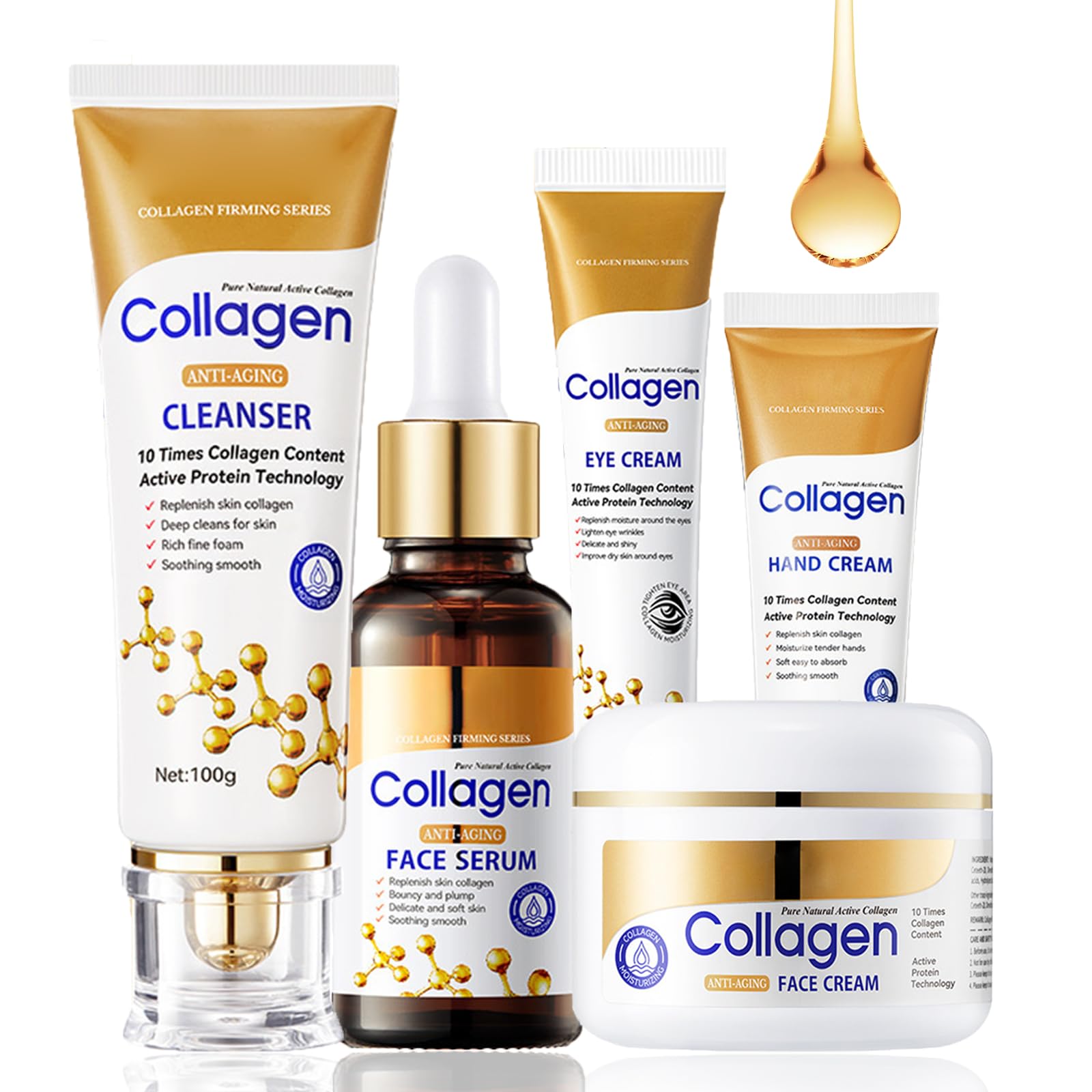 Kollagen Hautpflegeset 5-teilig – Mit Reiniger, Serum, Augencreme, Gesichtscreme & Handcreme, Anti-Falten & Feuchtigkeitsspendend Für Frauen