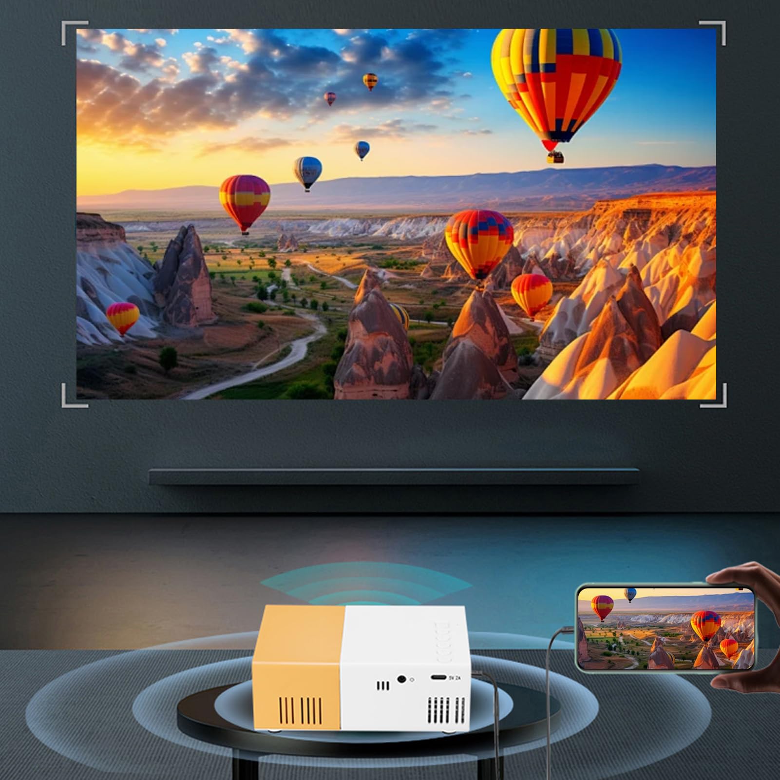 Mini Proiettore Portatile 1080p 6000Lm, Proiettore Intelligente per Home Theater, Gaming e Viaggi con Correzione Automatica, Altoparlanti Stereo e Compatibilità HDMI/USB