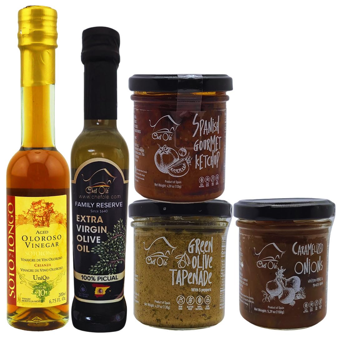 Chef Ole Miro Gourmet gift basket 5-pc. Raise your cooking to a new level. Oloroso Vinegar, Extra Virgin olive oil,Spanish gourmet ketchup, Caramelized onions & Green olive tapenade. Master chef ingredients.