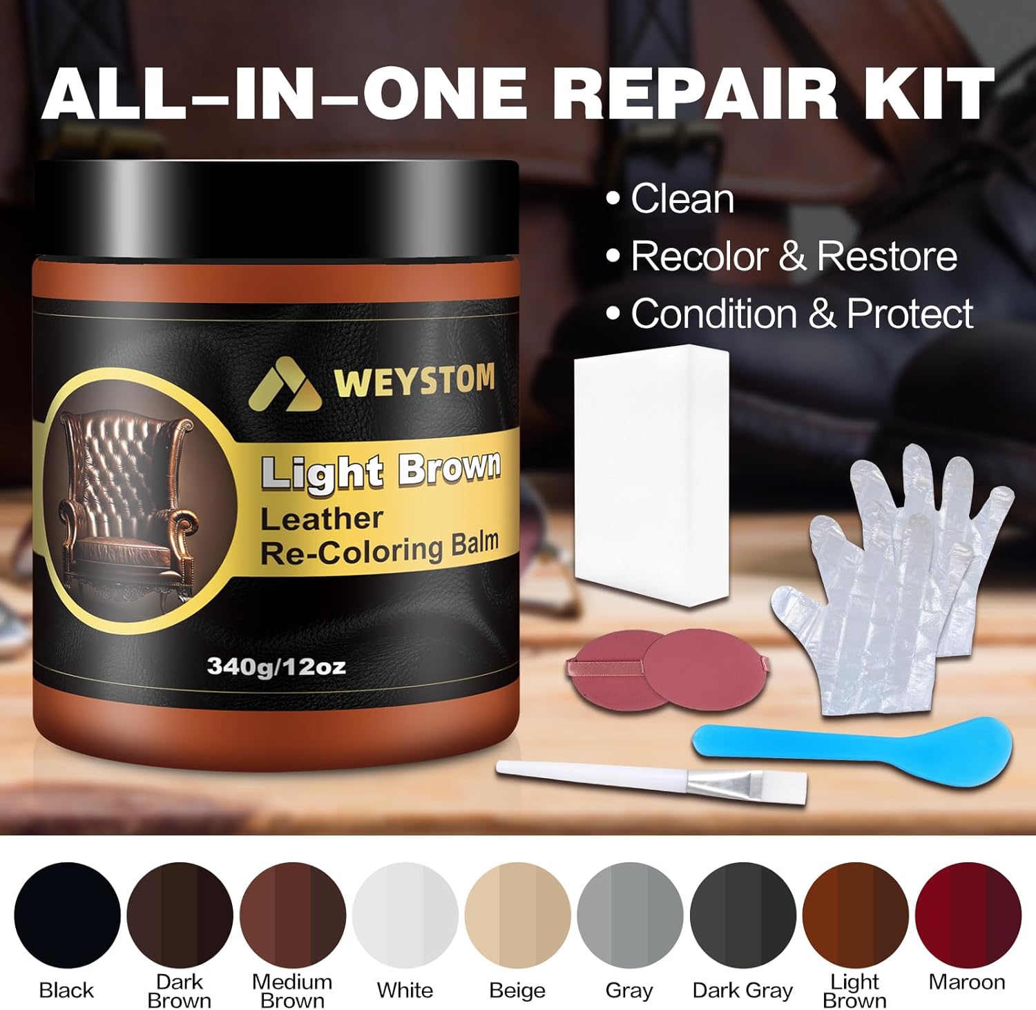 Leather Recoloring Balm, 12oz Large Size Leather Dye, Color Restorer, Scratch Repair, Furniture & Couch Restorer Kit, Repair Kit for Furniture(Light Brown)