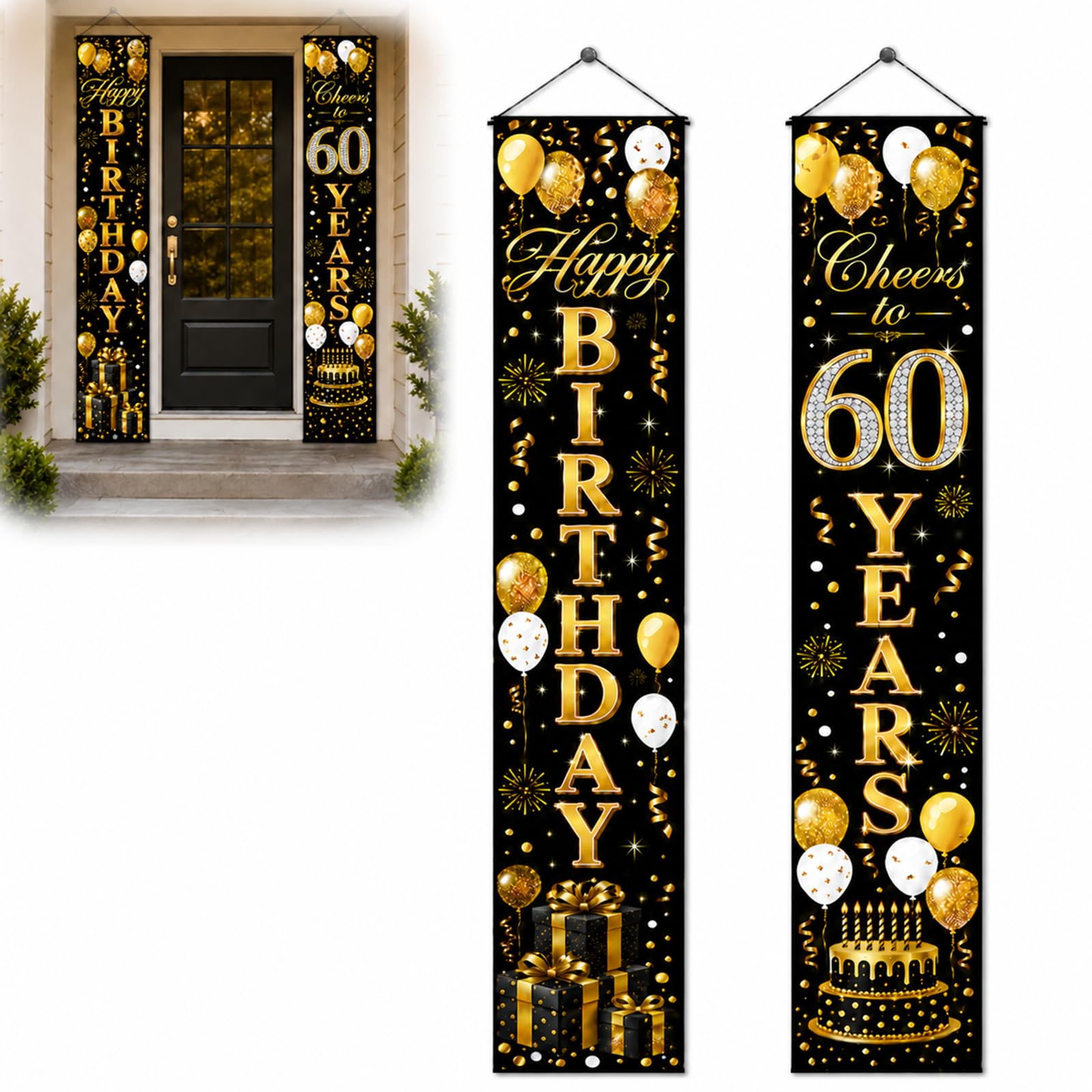 60th Birthday Couplets Banner Hanging Cloth Black Gold Polyester Fabric Party Decoration Sign for Men Women Indoor Outdoor Door Wall Porch Decor Supplies, Festive Vertical Banners