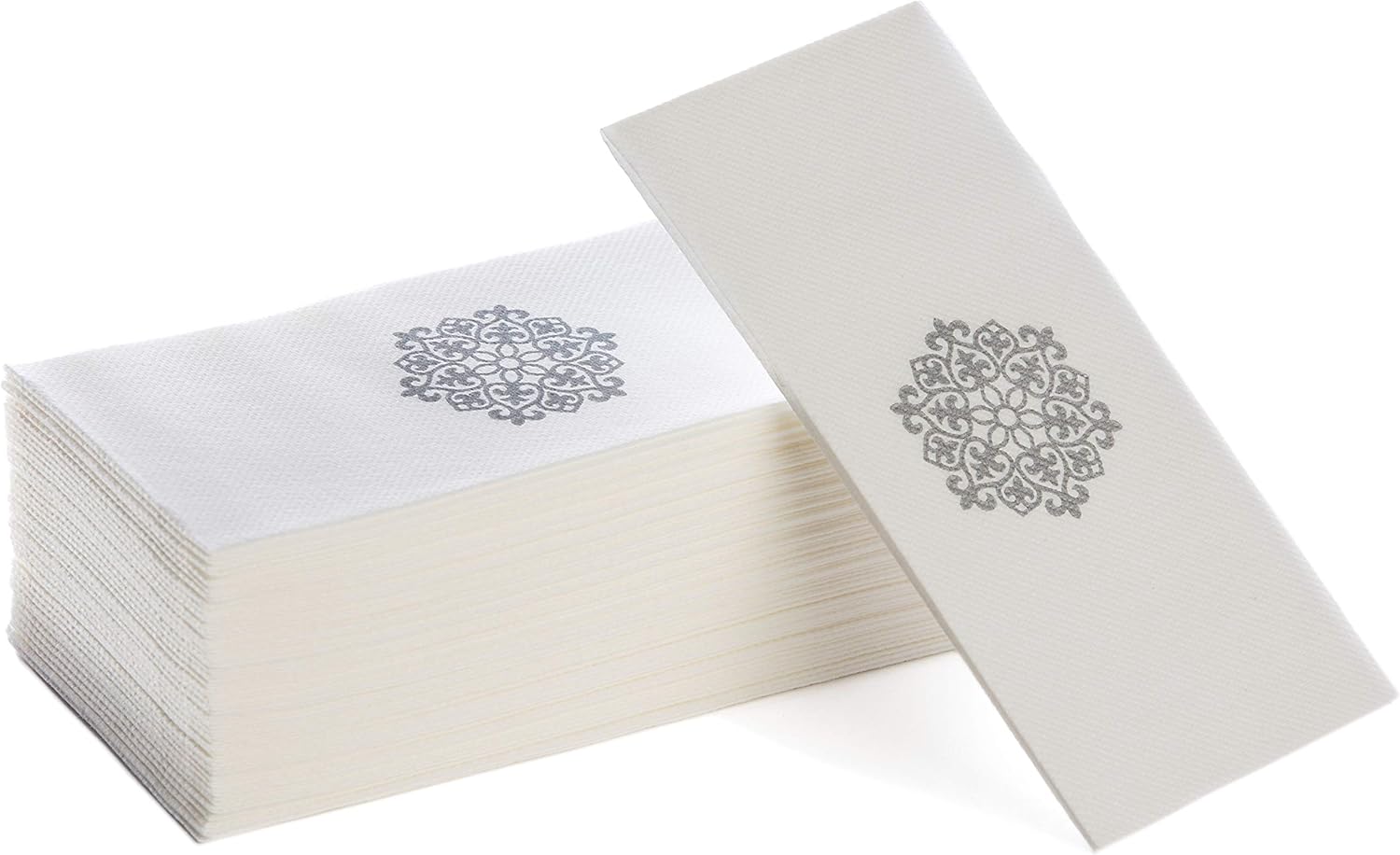 Linen-Feel Guest Towels | Decorative Bathroom Napkins | Soft, Absorbent Disposable Paper Hand Towels for Kitchen, Bathroom, Parties, Weddings, Dinners Or Events White and Silver Napkins 100 Pack