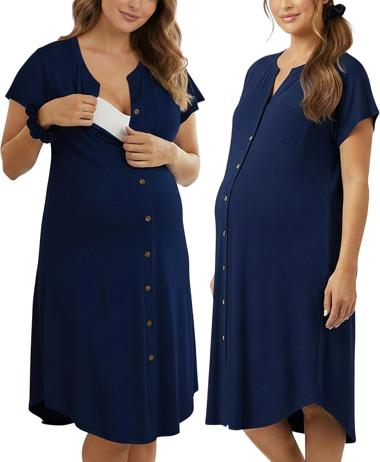 PATPAT Maternity Midi Dress, Button-Down Nursing Dress with Pockets for Baby Shower, Pregnancy & Postpartum
