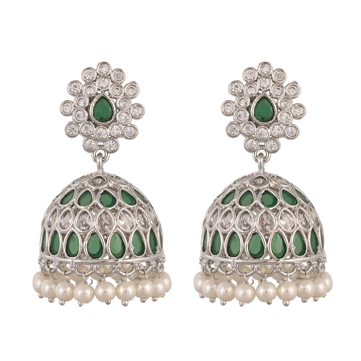 Ratnavali Jewels Brass Silver Plated Green American Diamond Stone Jhumki Stylish Wedding Fashion Earrings For Women Girls (B0CBCMQGHZ) Amazon Price History, Amazon Price Tracker
