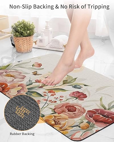 Miniatura 5 de Tapete de baño con flores retro para bañera, antideslizante, de secado rápido y absorbente, tierra de diatomeas, fregadero de cocina, ducha,