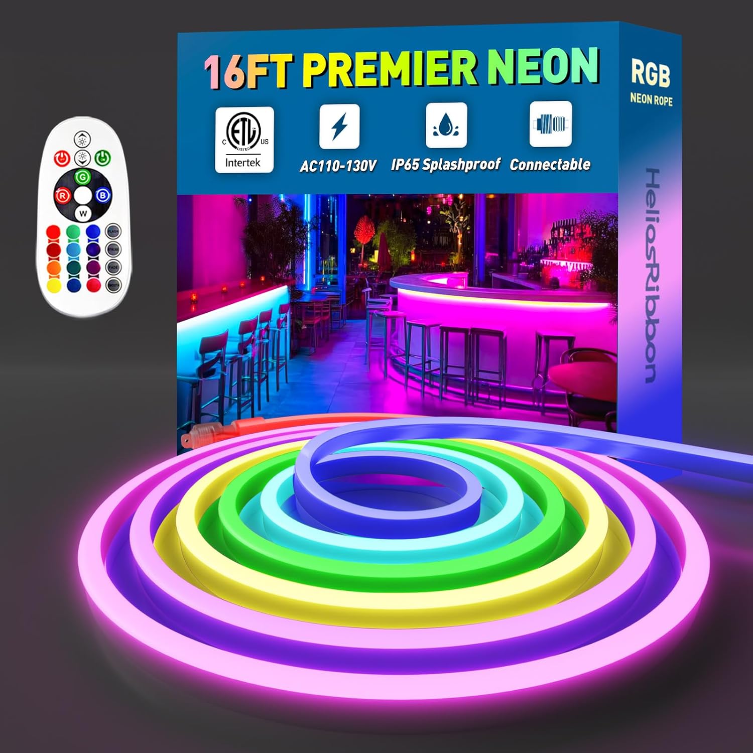 16FT RGB LED Neon Rope Lights Remote Control, ETL Listed 110-120V Outdoor Color Changing Rope Light IP65 Waterproof, Connectable and Cuttable, for Home Commercial Festival Ambient Lighting Decor