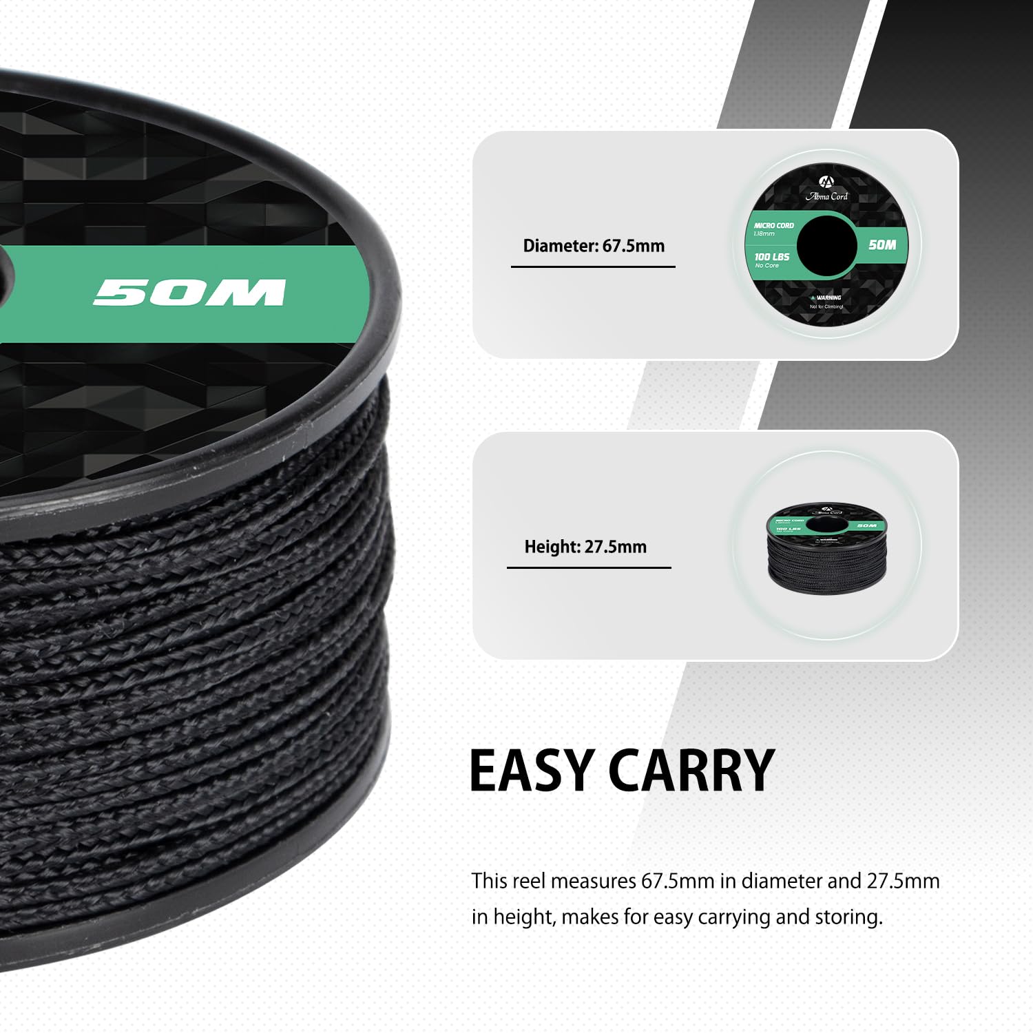Abma Cord Micro Corda 1,18 mm Corda 50M Bobina - Max. 45kg (100lbs) - Nero