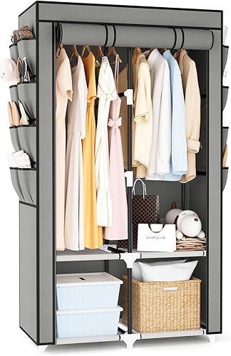 Miniatura 12 de Armario portátil para colgar ropa, armario portátil con tapa, 4 estantes de almacenamiento, 2 varillas para colgar y 8 bolsillos laterales, fácil de