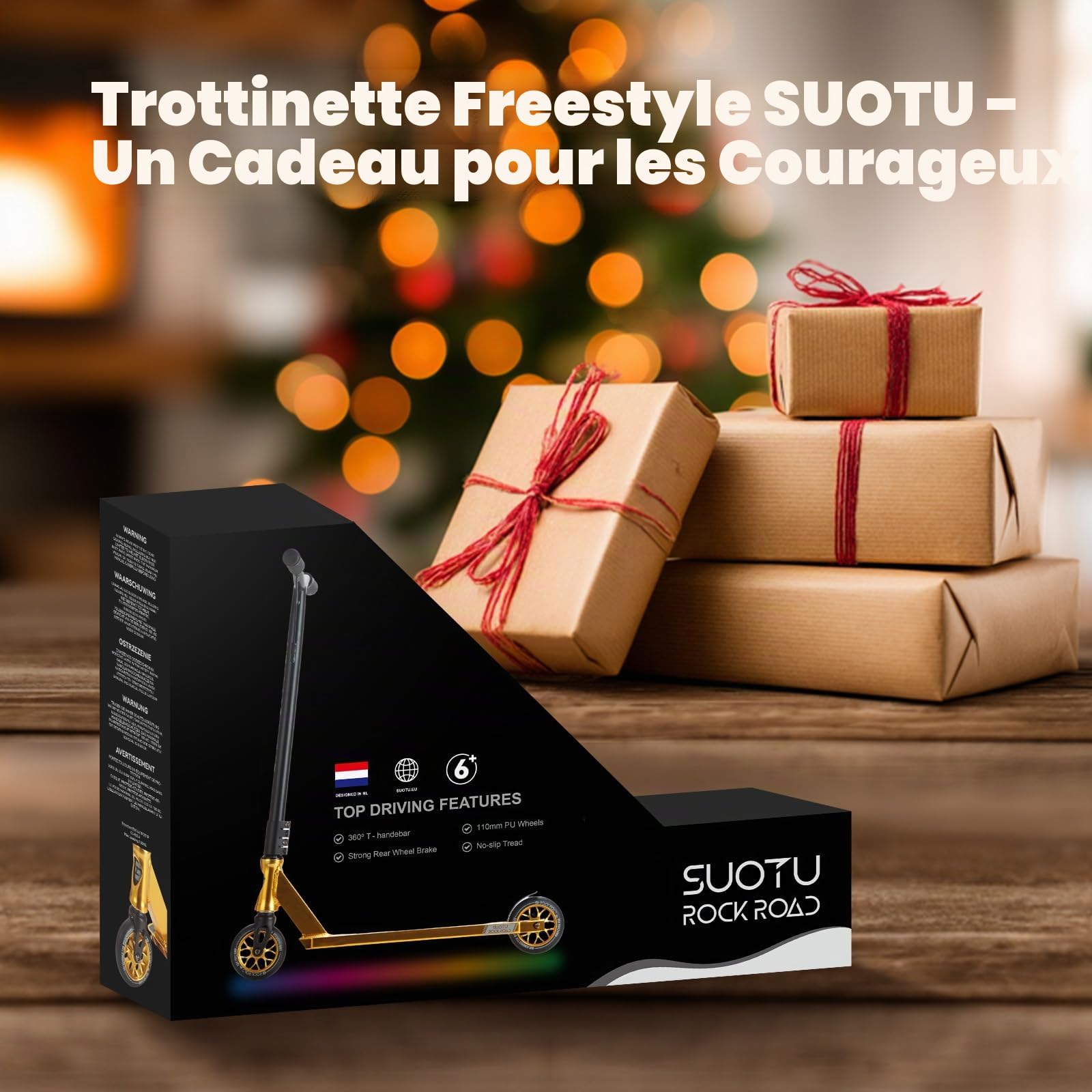 Trottinette Freestyle, Direction à 360°, Stunt Scooter avec Roues en PU 85A 110 mm, Trotinette pour Enfants Adolescent Adultes, Capacité de Charge: 100 kg, Aluminium (Noir – Or)