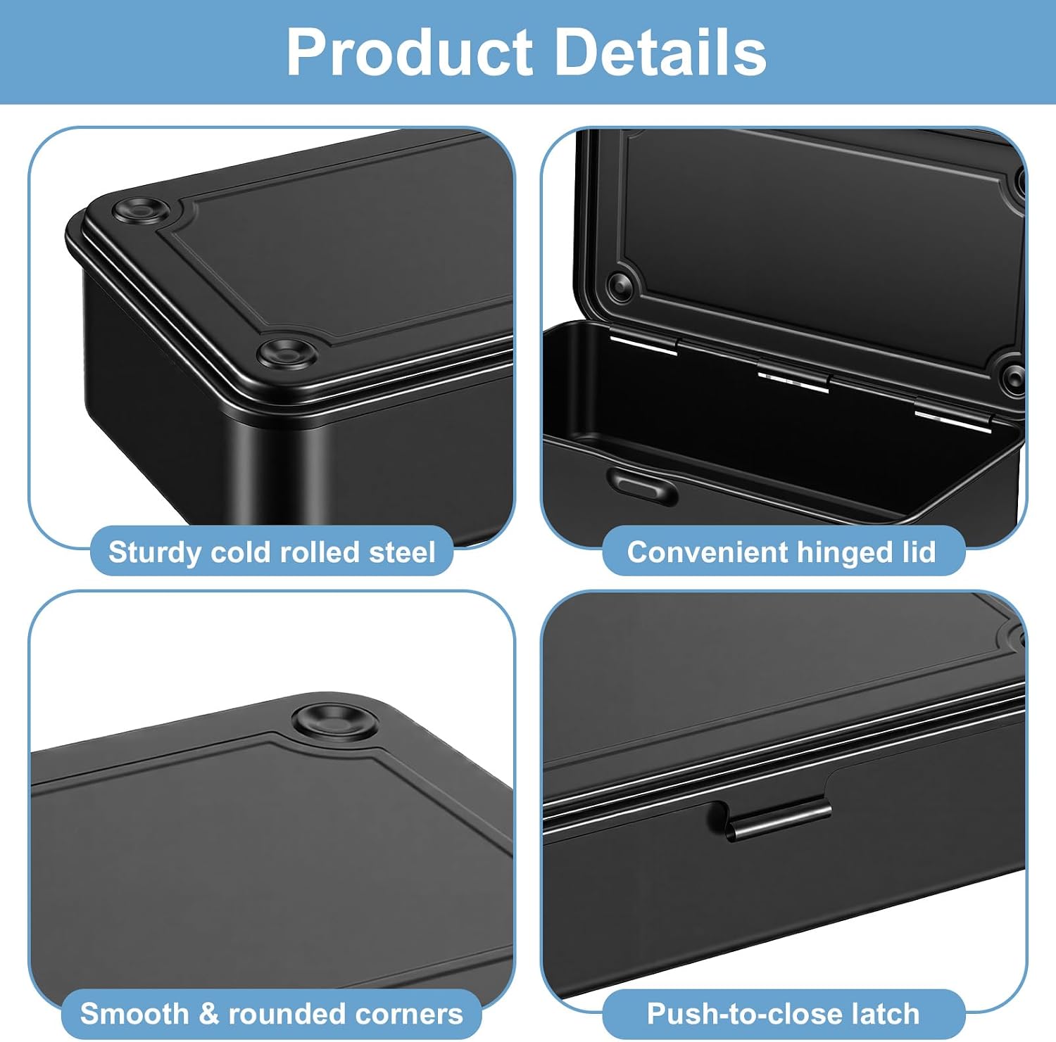 2 Pack Steel Storage Box with Hinged Lid, Small Metal Pencil Case for Organizing Pens, Stationery, Crafts, and Small Parts, Durable Iron Container for Home or Office (8 x 4 x 2 Inch, Black)