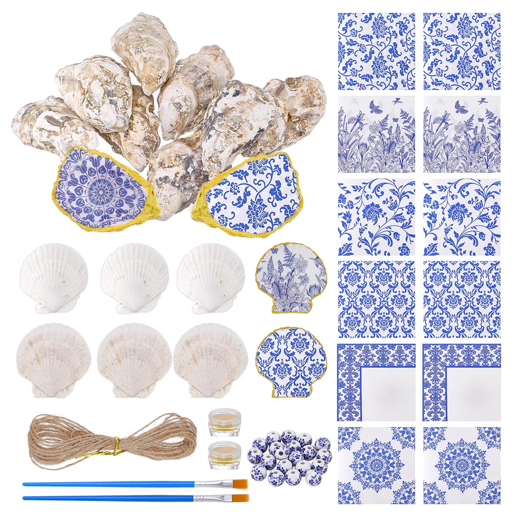 NBEADS Conchas de Ostra Naturales para Manualidades, Kit de Conchas de Ostra Incluye Servilletas con Motivo de Porcelana Azul y Blanca, Cuentas de Porcelana Pinceles para Decoración Colgantes DIY