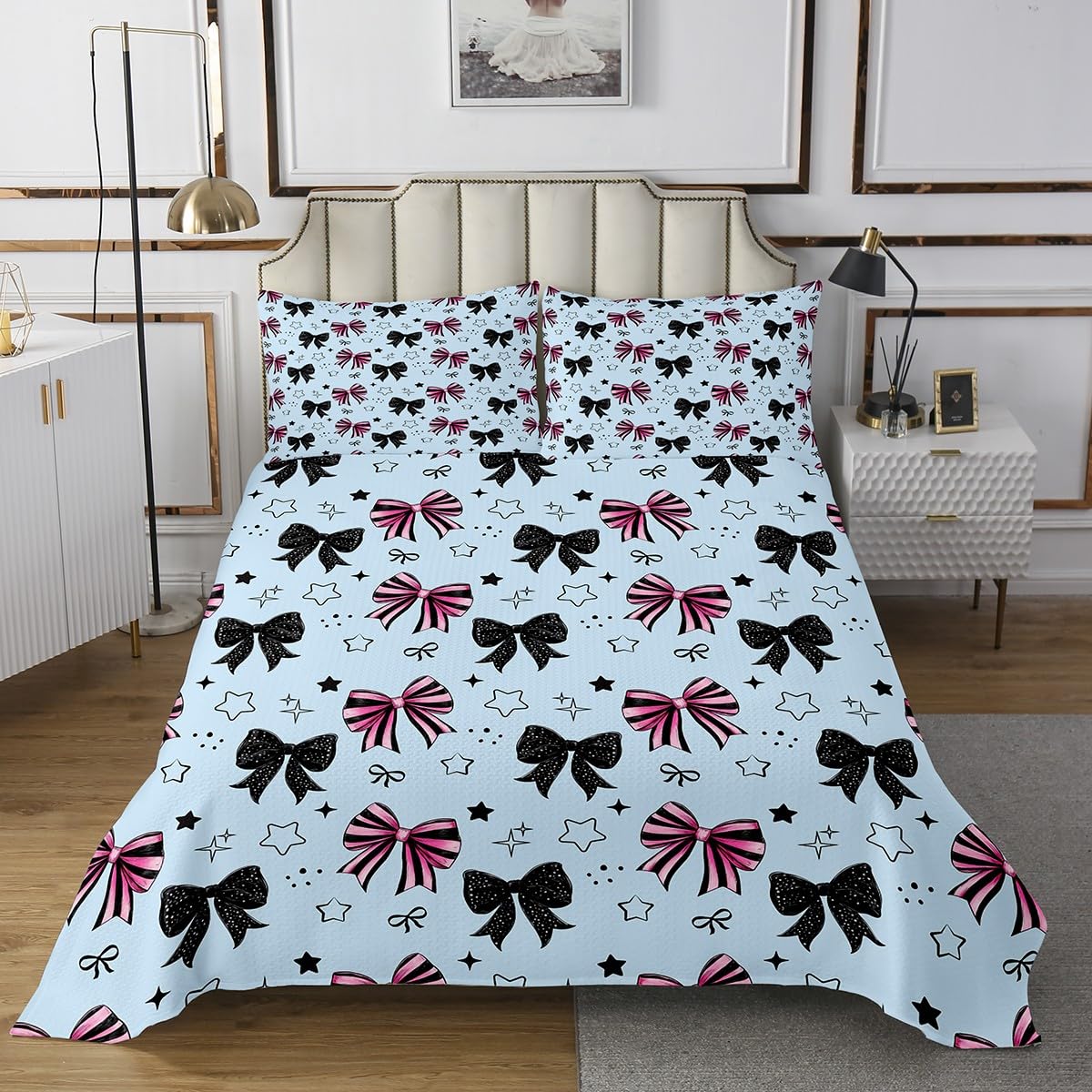 Kawaii Bowknot pościel dla dzieci, chłopców, różowe i czarne paski, motyw muchy, zestaw do sypialni, urocze gwiazdki, piękny szkic ręczny, zestaw z 1 poduszką Sham, rozmiar S