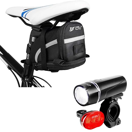 BV Large Bike Saddle Bag and Bike Light Set