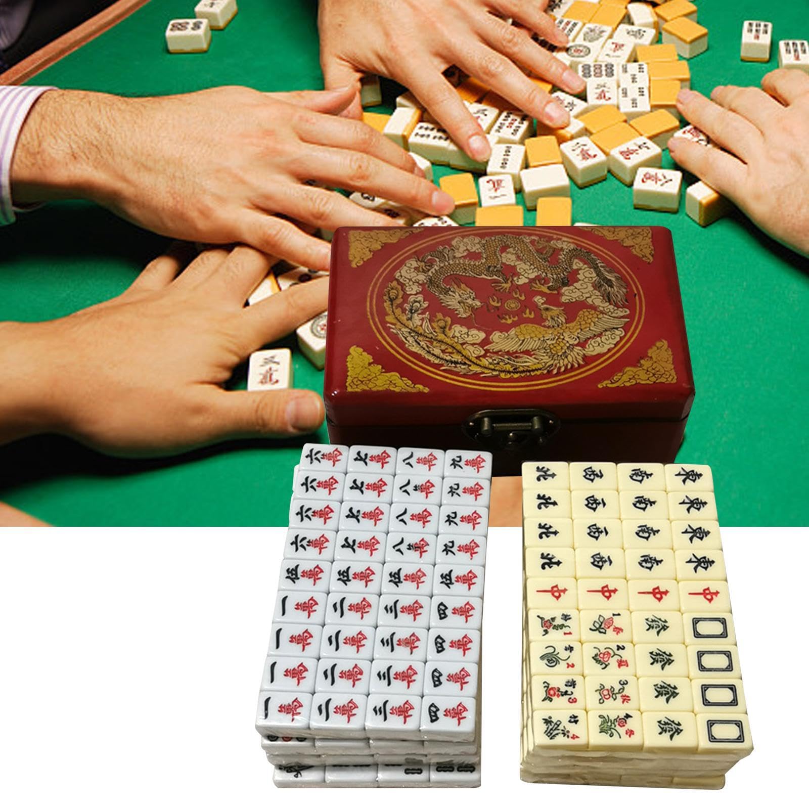 Coffret en Bois de Mini-tuiles de Mahjong Classiques, Facile à pour Les débutants et la Famille. Jeu de Mahjong Traditionnel Chinois, Portable et, Double Couleur