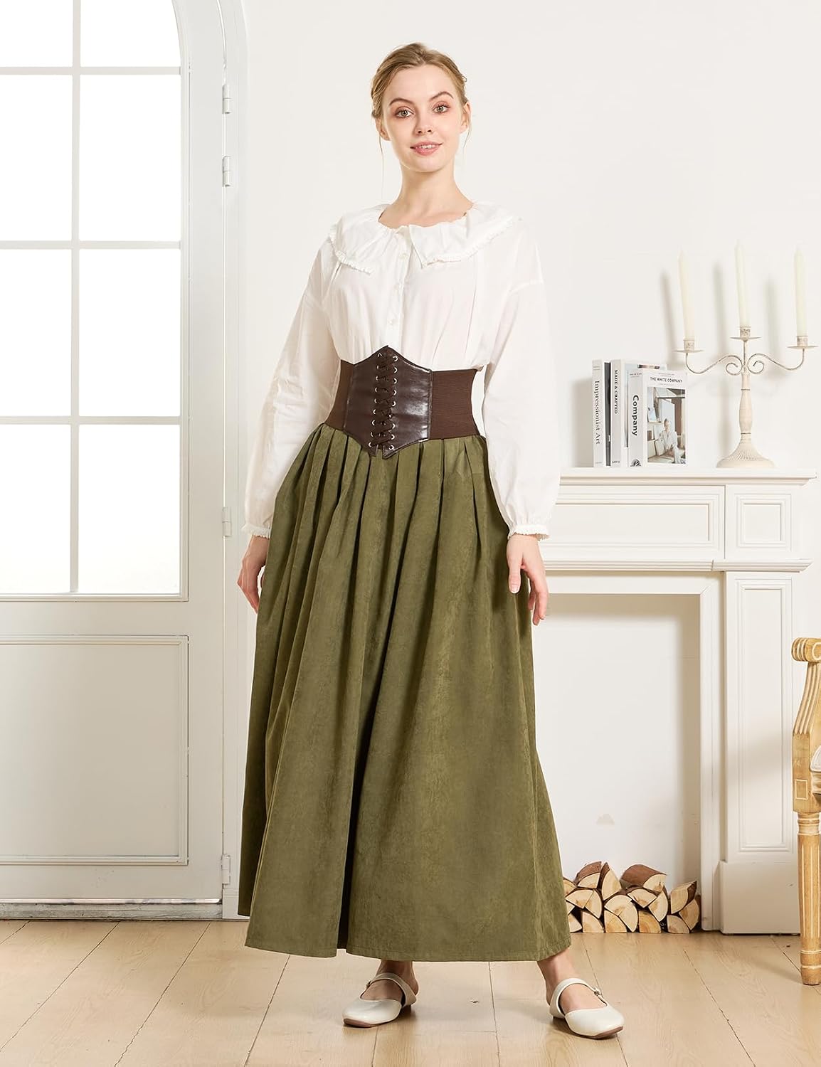 BEAUTELICATE Victorian Medieval Skirt 2 Pockets Elastic Waist Peach Skin Fabric ankle-length