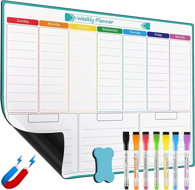 KTRIO Weekly Planner Whiteboard A3 Magnetic Whiteboard for Fridge | Week Plan Reminder Board for Household, Shopping List, Meal and Fitness Planning Dry Erase Whiteboard 7 Markers and Eraser