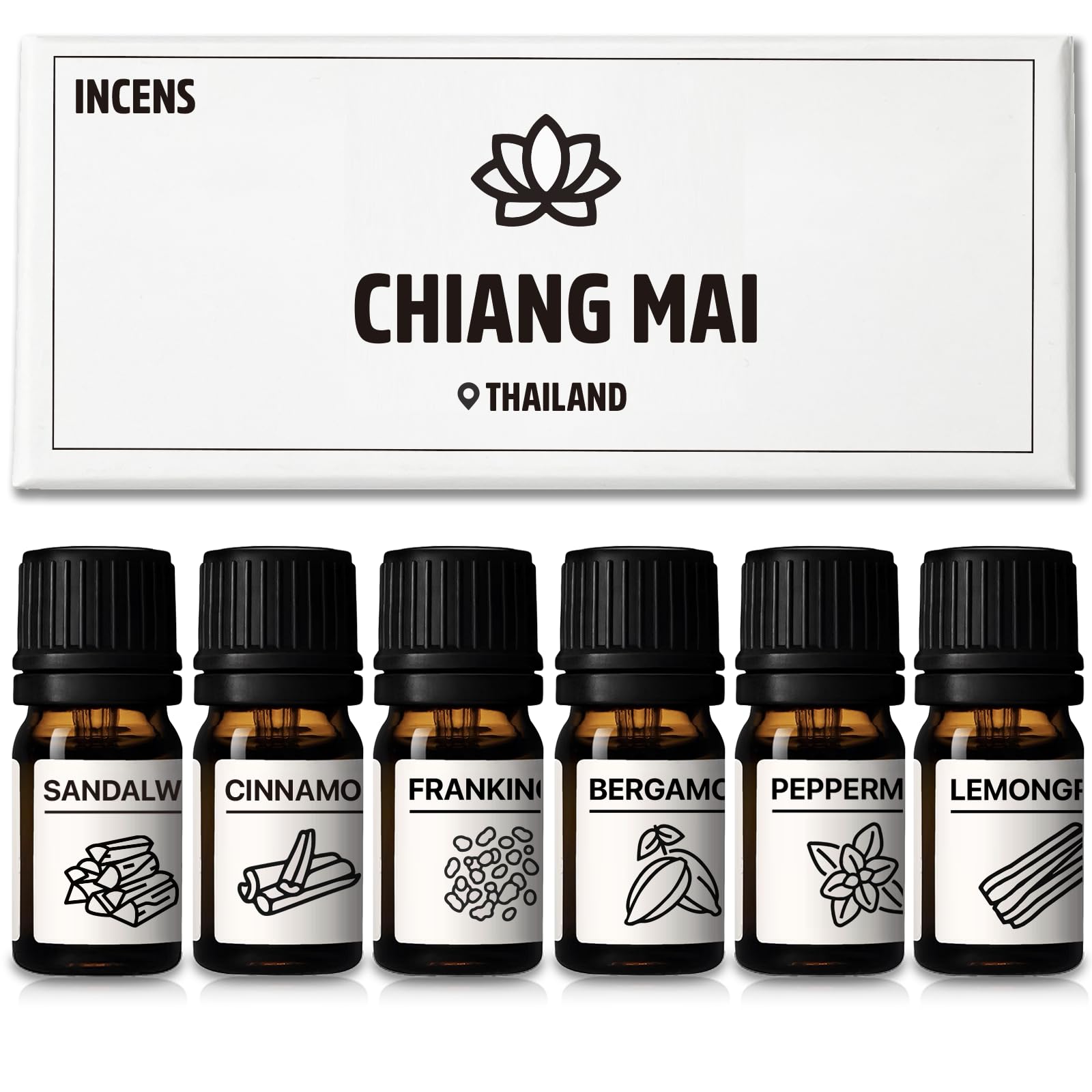 Juego de Aceites Esenciales Serie Chiang Mai, Set de 6 Aceites 100% Puros - Canela, Sándalo, Incienso, Menta, Hierba de Limón, Bergamota 10ML Hacer Velas, Fragancias Frescas y Difusor