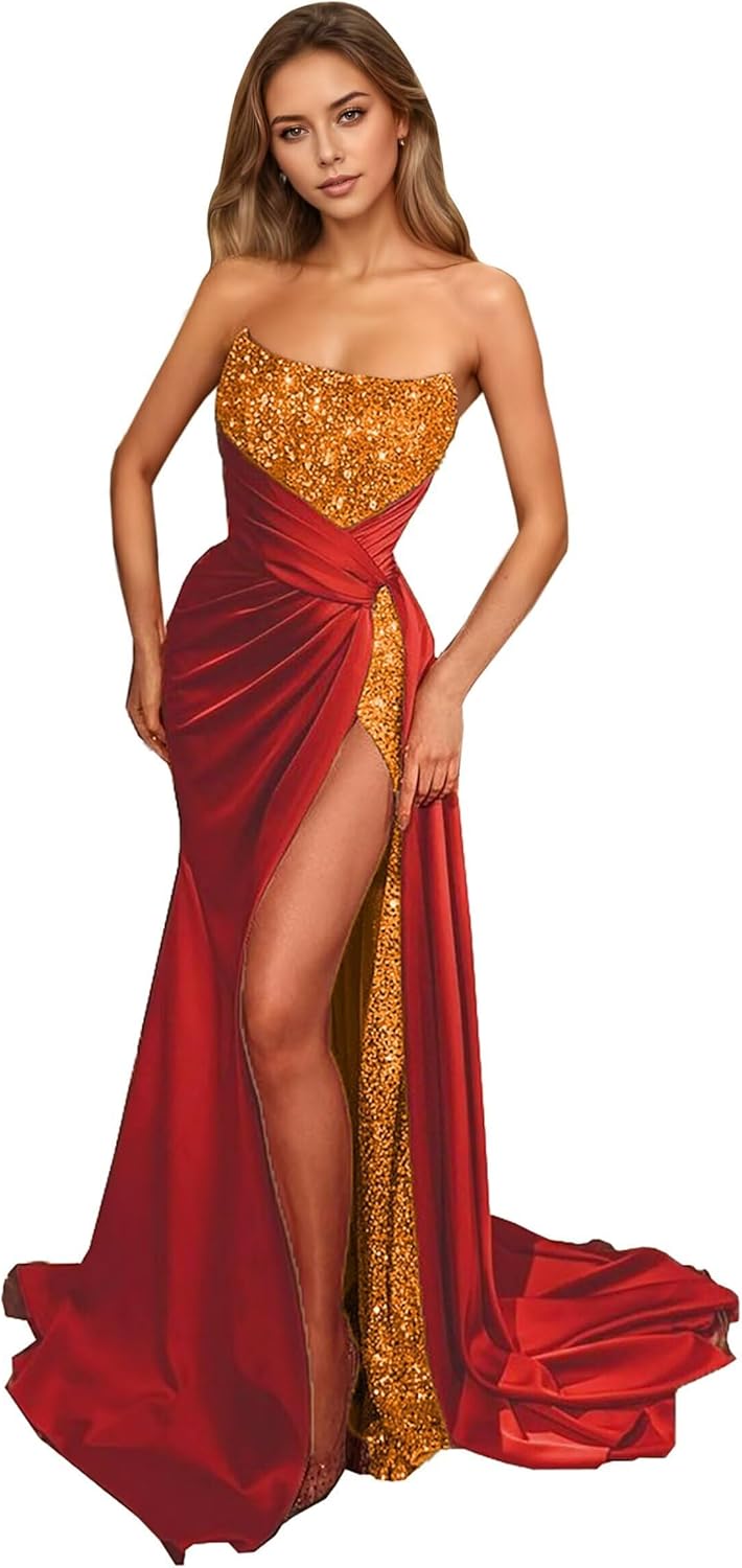 Strapless Satin Prom Dresses 2026 Sparkly Sequins Mermaid Cocktail Dress with Slit Maxi Lace-Up Formal Party Gown