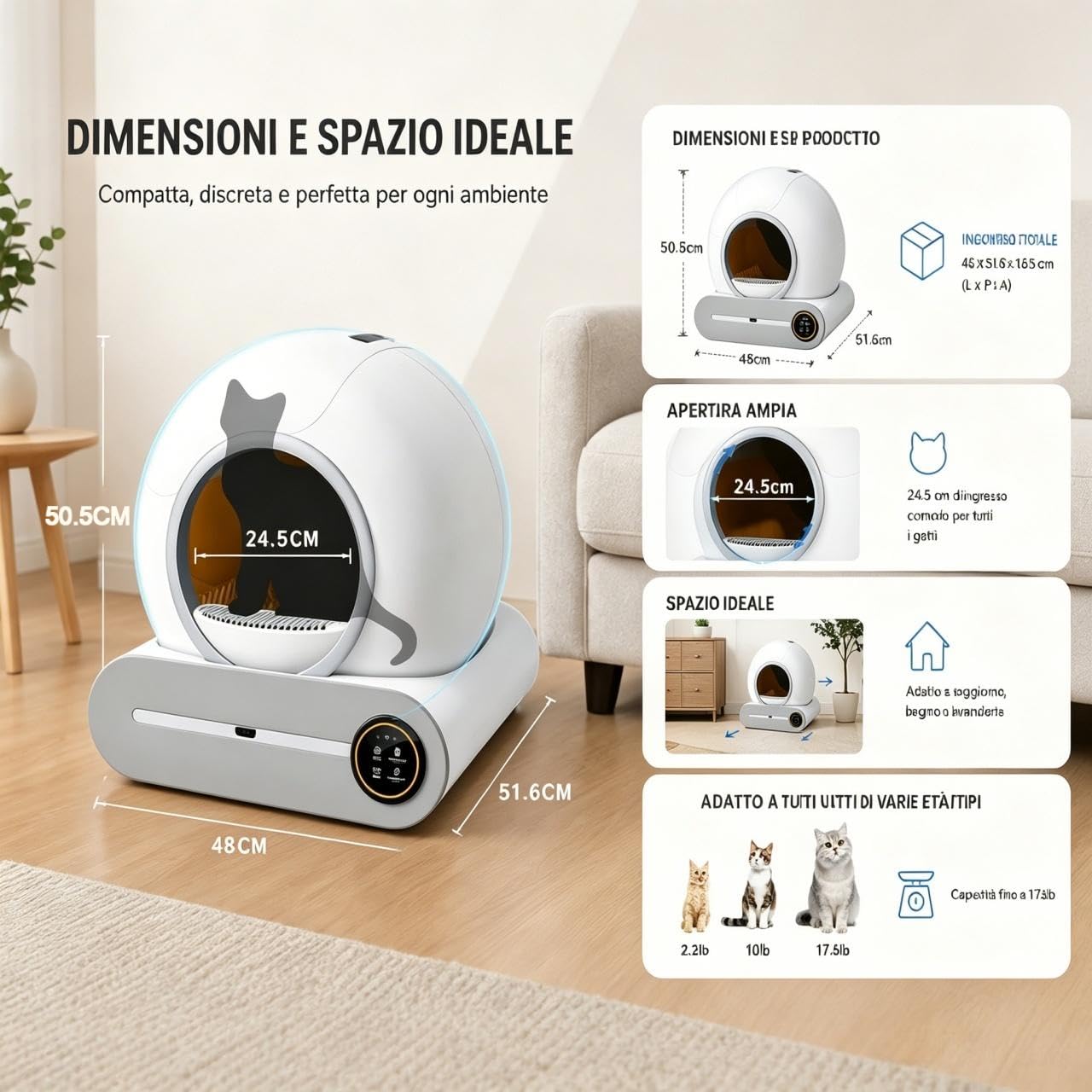 PGD​​SGA Lettiera Autopulente Per Gatti 65 Litri + 9 Litri, Controllabile Tramite App - Capacità Extra-Large (65 Litri), Deodorizzazione Ionica E Monitoraggio Dello Stato Di