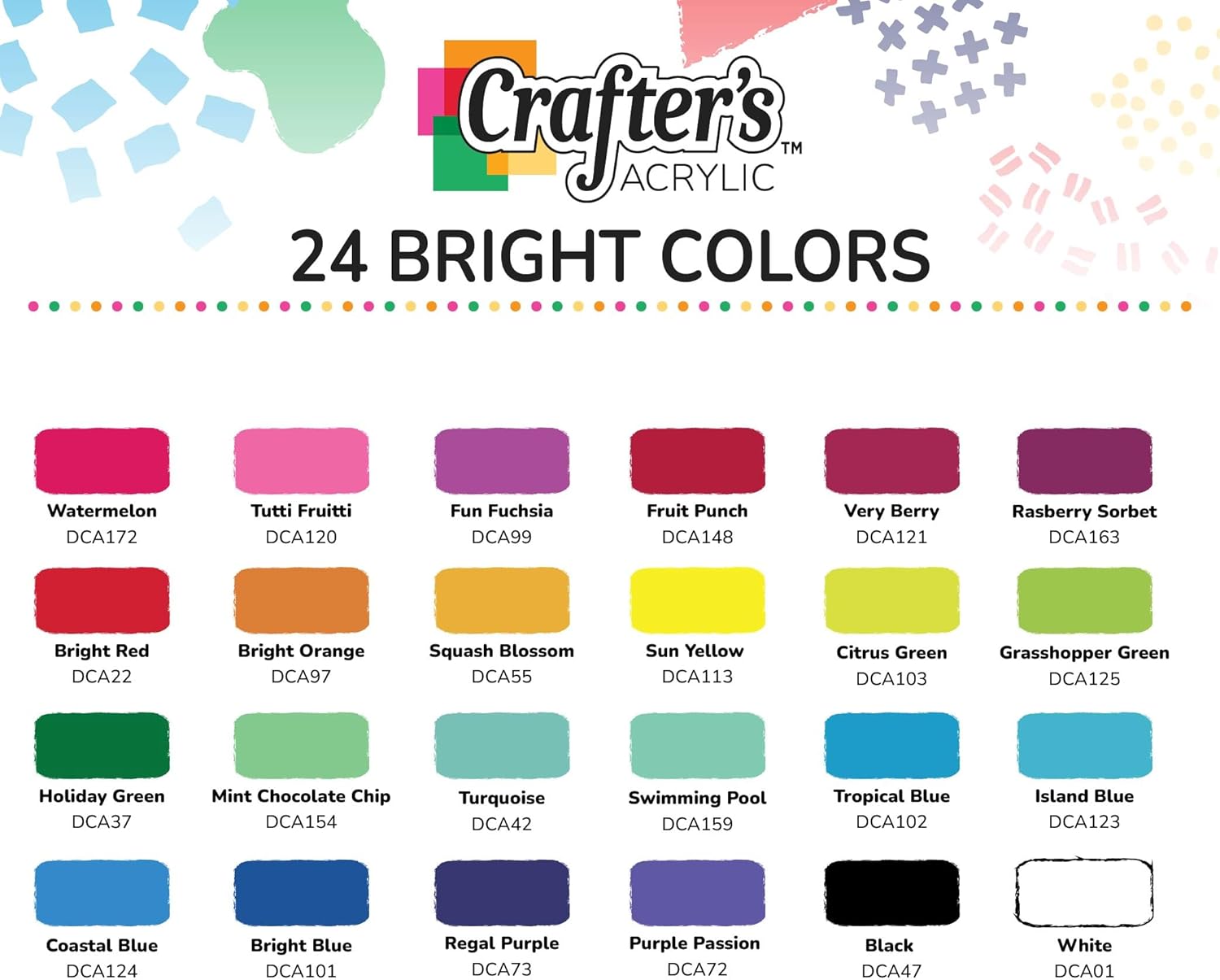 Chart displaying the 24 bright colors of DecoArt Crafter's Acrylic paints with their names and codes