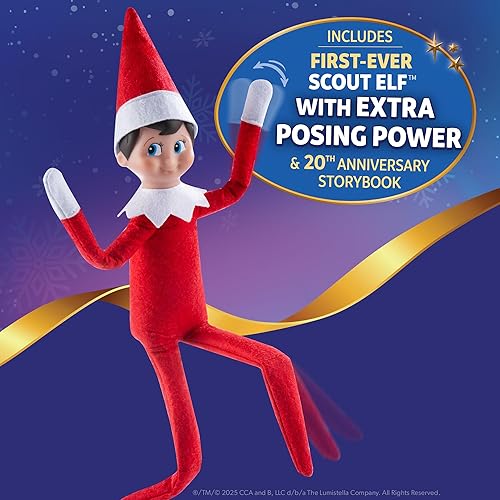 Miniatura 11 de The Elf on the Shelf A Christmas Tradition Limited 20th Anniversary Edition Box Set  Posable Boy Scout Elf con ojos azules, libro de cuentos y