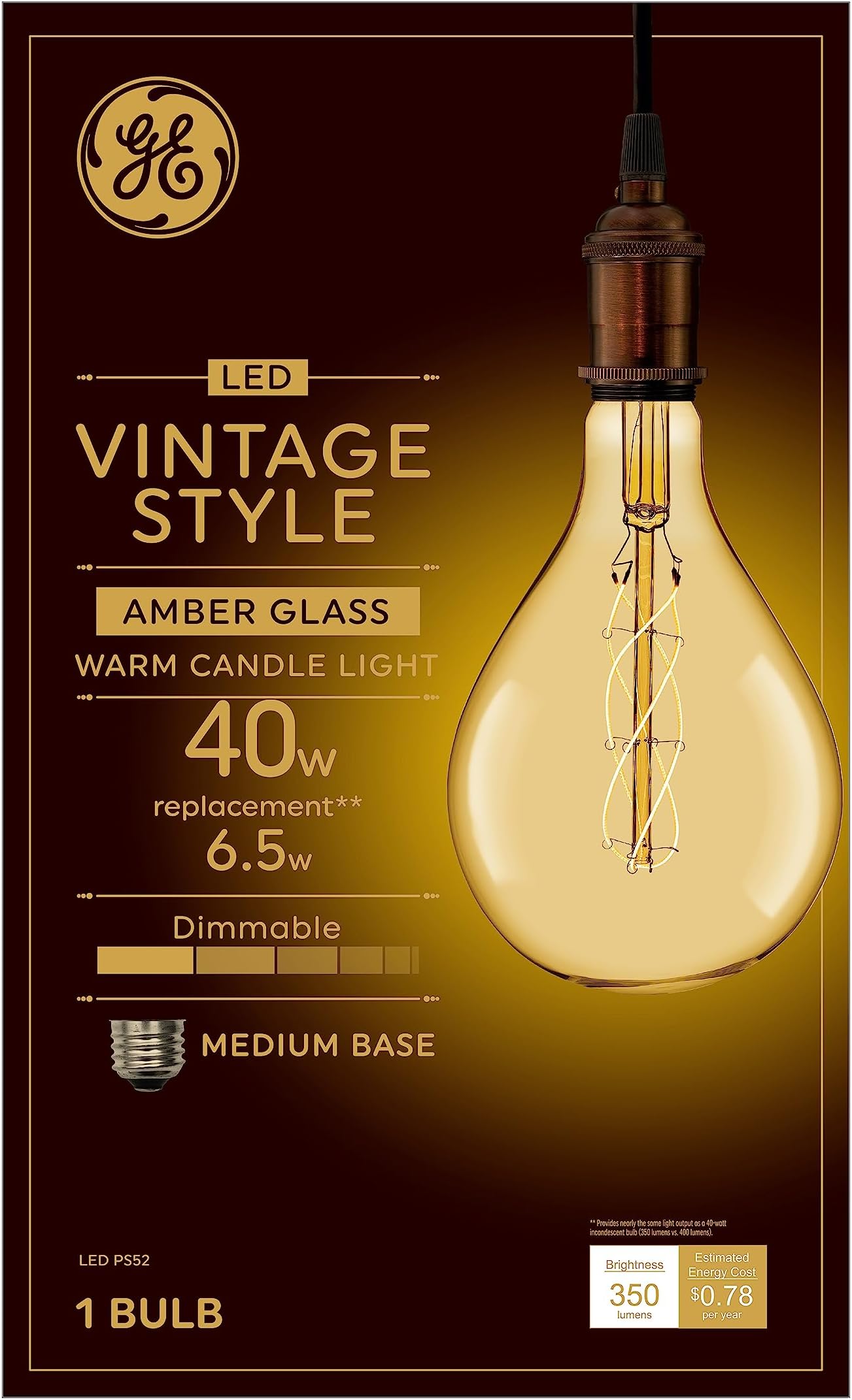 Vintage Style LED Light Bulb, 40 Watt, Amber Finish, PS52 Large Pear Shaped Bulb (1 Pack)