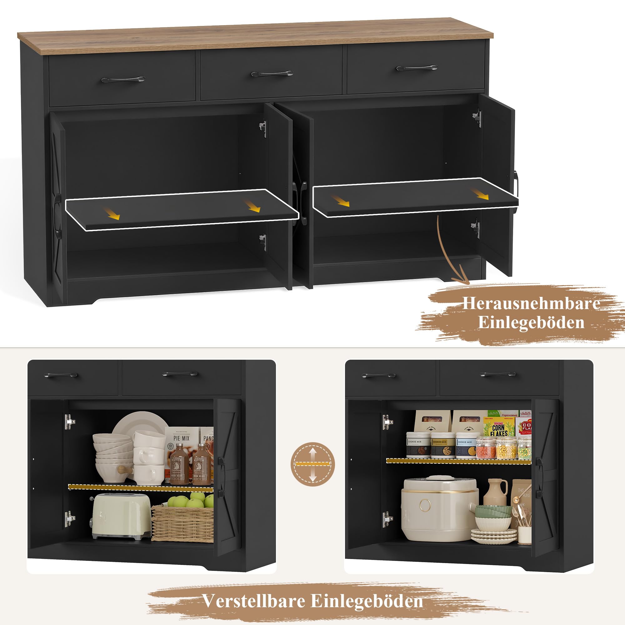 HOCSOK Credenza Cucina, 150 cm Madia Dispensa Cucina con 3 Cassetti 4 Ante, Mobile TV con Ripiani Regolabili per Soggiorno, sala da pranzo, Ingresso, Credenza Soggiorno, 150×81.5×38.5 cm, Nero