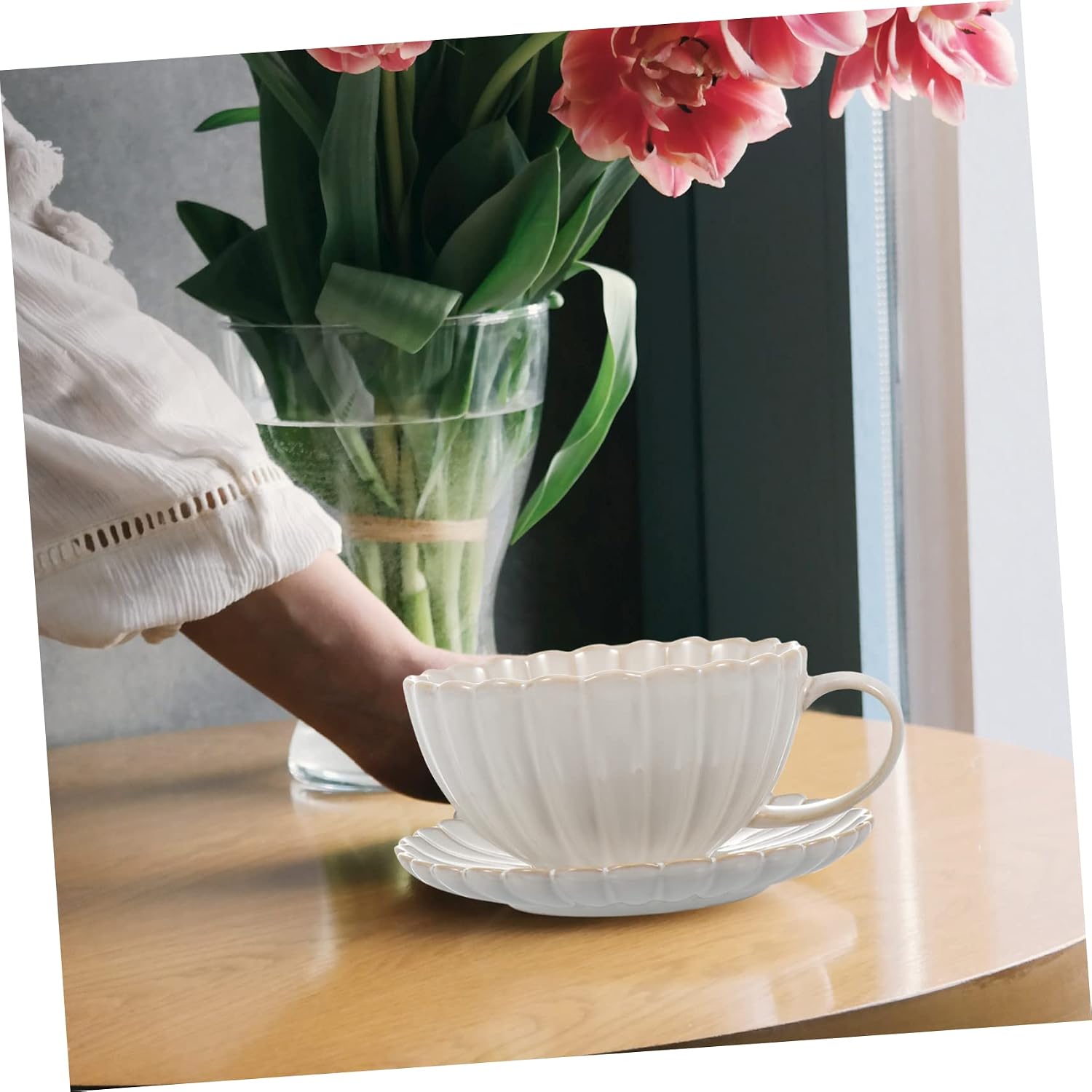 KICHOUSE European Style Ceramic Cup and Saucer Set 6.10In Vintage Coffee Mug with Tea Bag Saucer for Home Office Cafe Milk Water Beverage