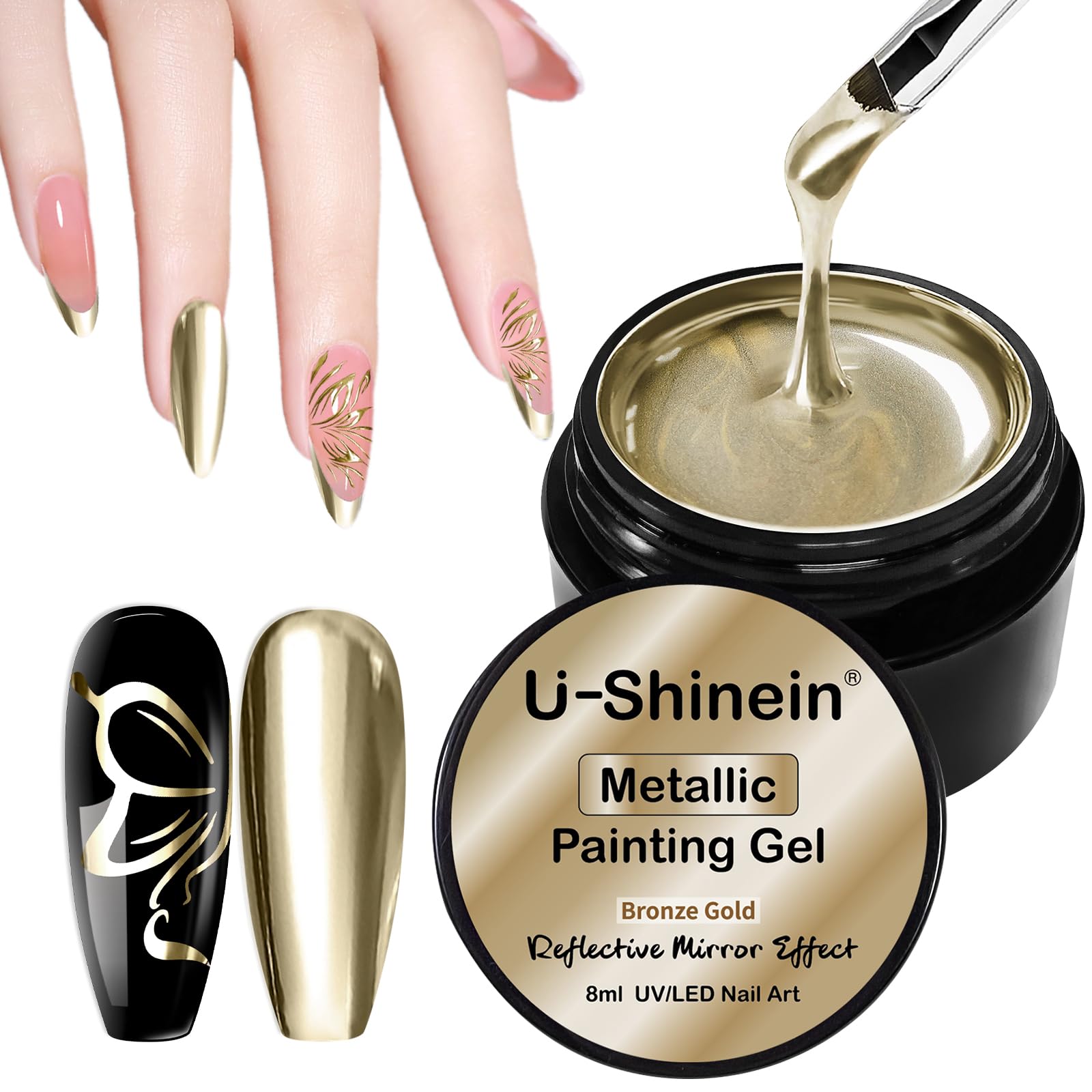 U-Shinein Metallic Painting Gel for Nail, Mirror Silver Golden Nail Gel, Upgraded Super Reflective Metal Painting Gel, Nail DIY Nail Art Paint Liner, UV Gel, Copper