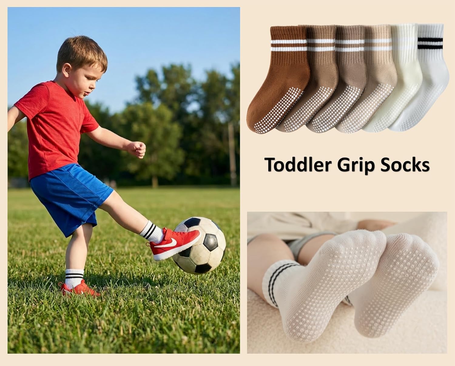 Toddler Non-Slip Socks,Unisex Baby Grip Crew Seamless Cotton Socks with Retro Stripe for Boys Girls Kids 6 Pairs - Image 3