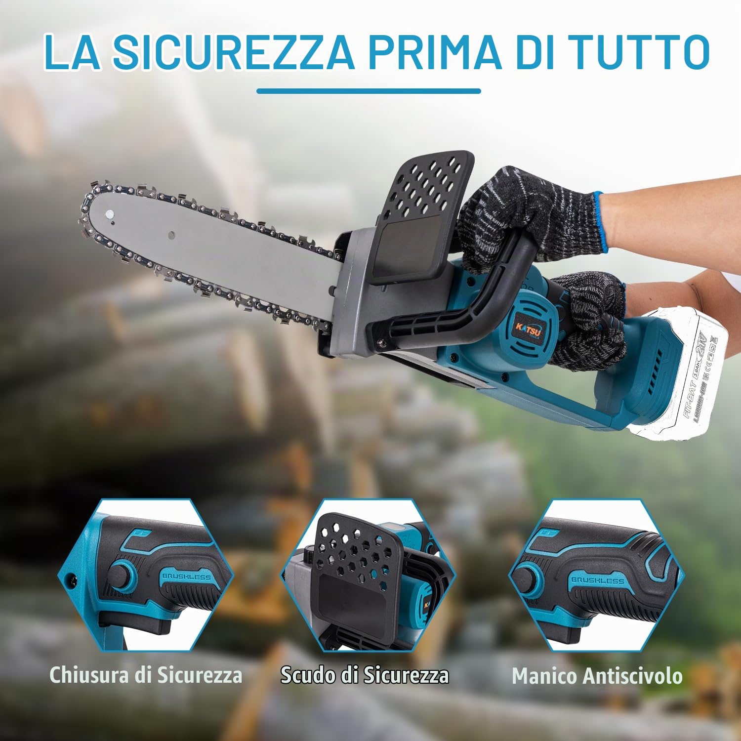 KATSU FIT-BAT 21V Motosega a Batteria Brushless, 750W 10" Motosega Elettrica senza Spazzole per Taglio del Legno Potatura Giardinaggio, senza Batteria o Caricabatterie 102733