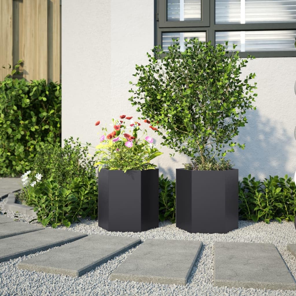 Donice ogrodowe stalowe 2 sztuki czarne sześciokątne 46x40x45cm podwyższone kwietniki z otwartym dnem do uprawy kwiatów warzyw ziół na taras balkon ogród