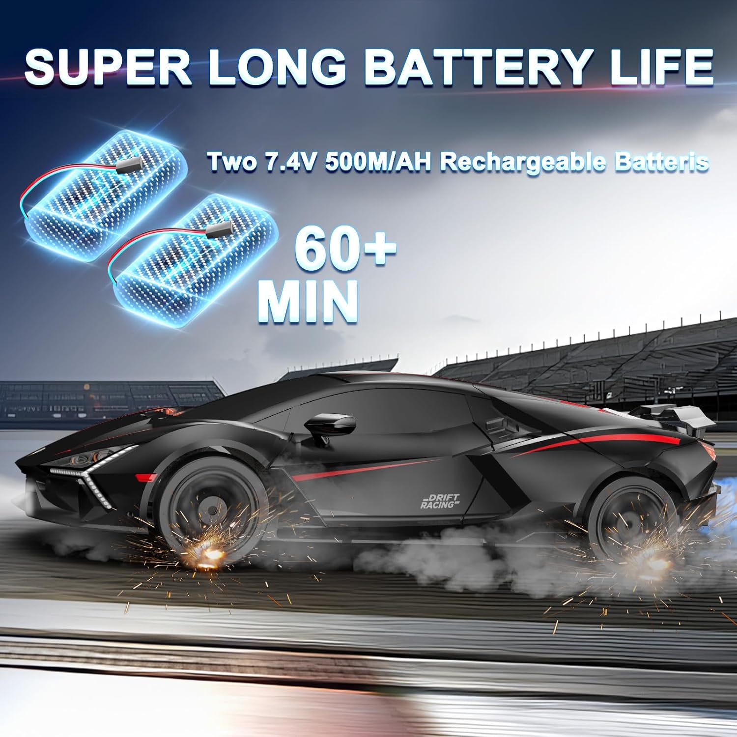 Remote Control Car RC Drift Car 1:16 Scale 4WD 18KM/H High Speed Model Vehicle 2.4GHz with LED Lights Spray Rubber Tire Racing Sport Toy for Adults Boys Girls Kids Gift 2Pcs Rechargeable Batteries