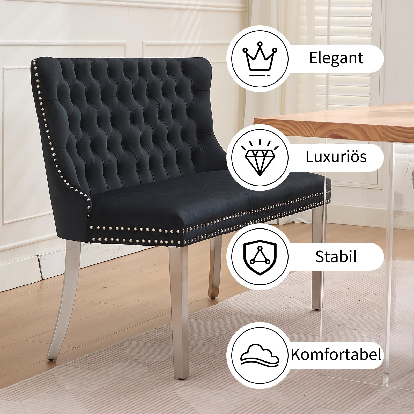 Shenyon Samt-Esszimmerbank mit Rückenlehne, Chesterfield Sitzbank mit Knopfheftung, Silberne Edelstahlbeine mit Ziernägeln, gepolsterte Sitzbank für Esszimmer, Küche & Flur, Schwarz