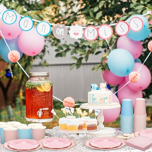 Miniatura 4 de Nitial 462 piezas de suministros para fiesta de revelación de género del bebé, vajilla de plástico que incluye platos de papel azul y rosa para 60